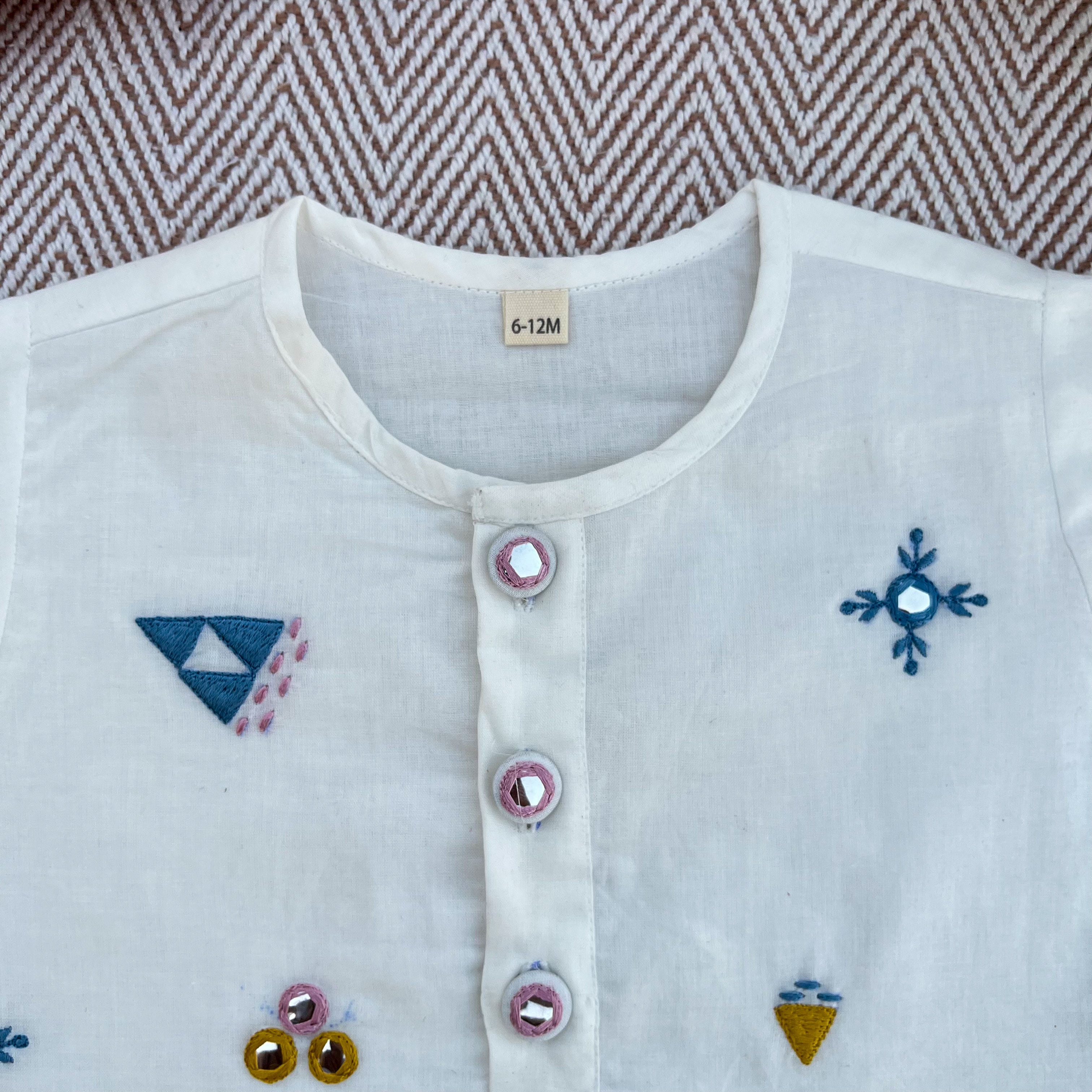 Organic cotton mirror work embroidered kurta set by Bhaakur- perfect festive wear for infants, toddlers and kids.