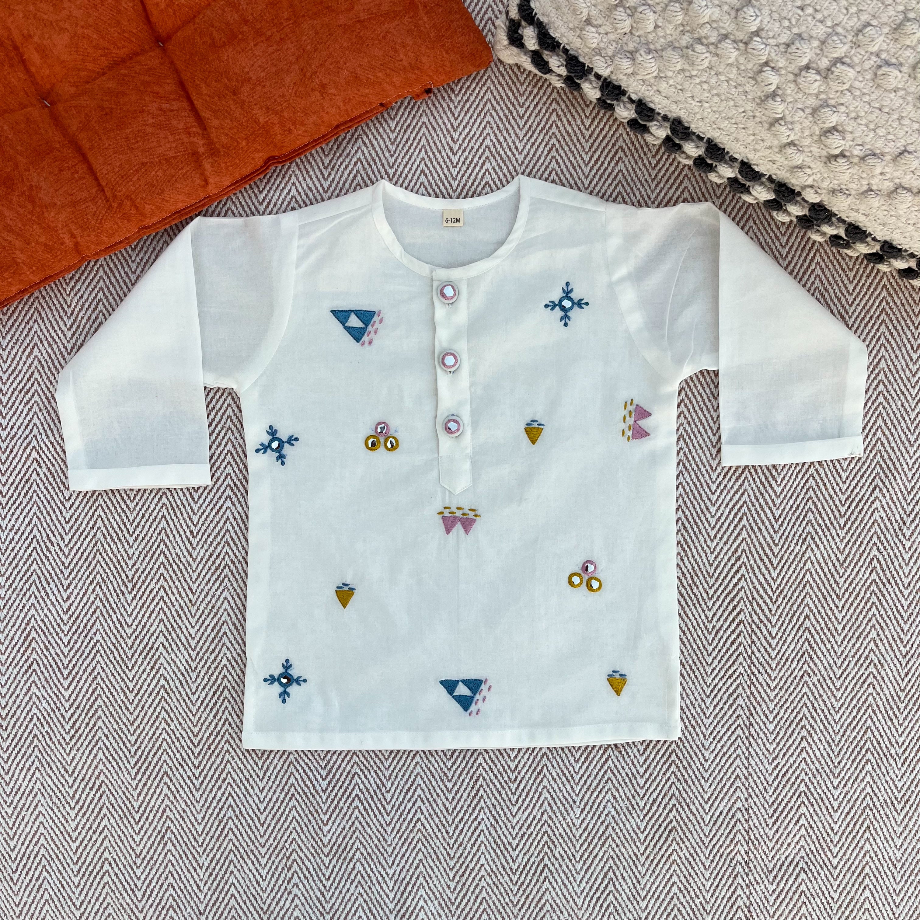Organic cotton mirror work embroidered kurta set by Bhaakur- perfect festive wear for infants, toddlers and kids.