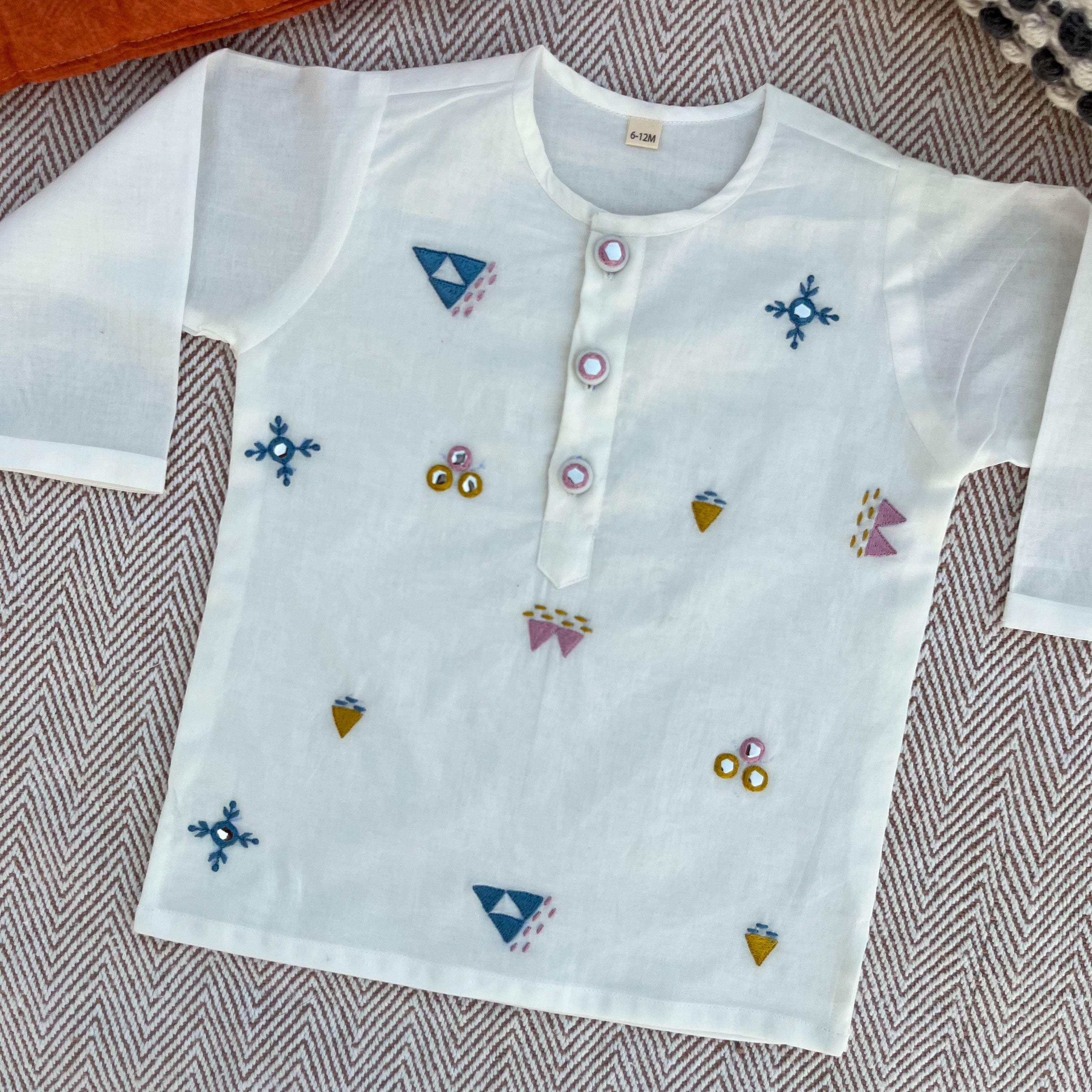 Organic cotton mirror work embroidered kurta set by Bhaakur- perfect festive wear for infants, toddlers and kids.