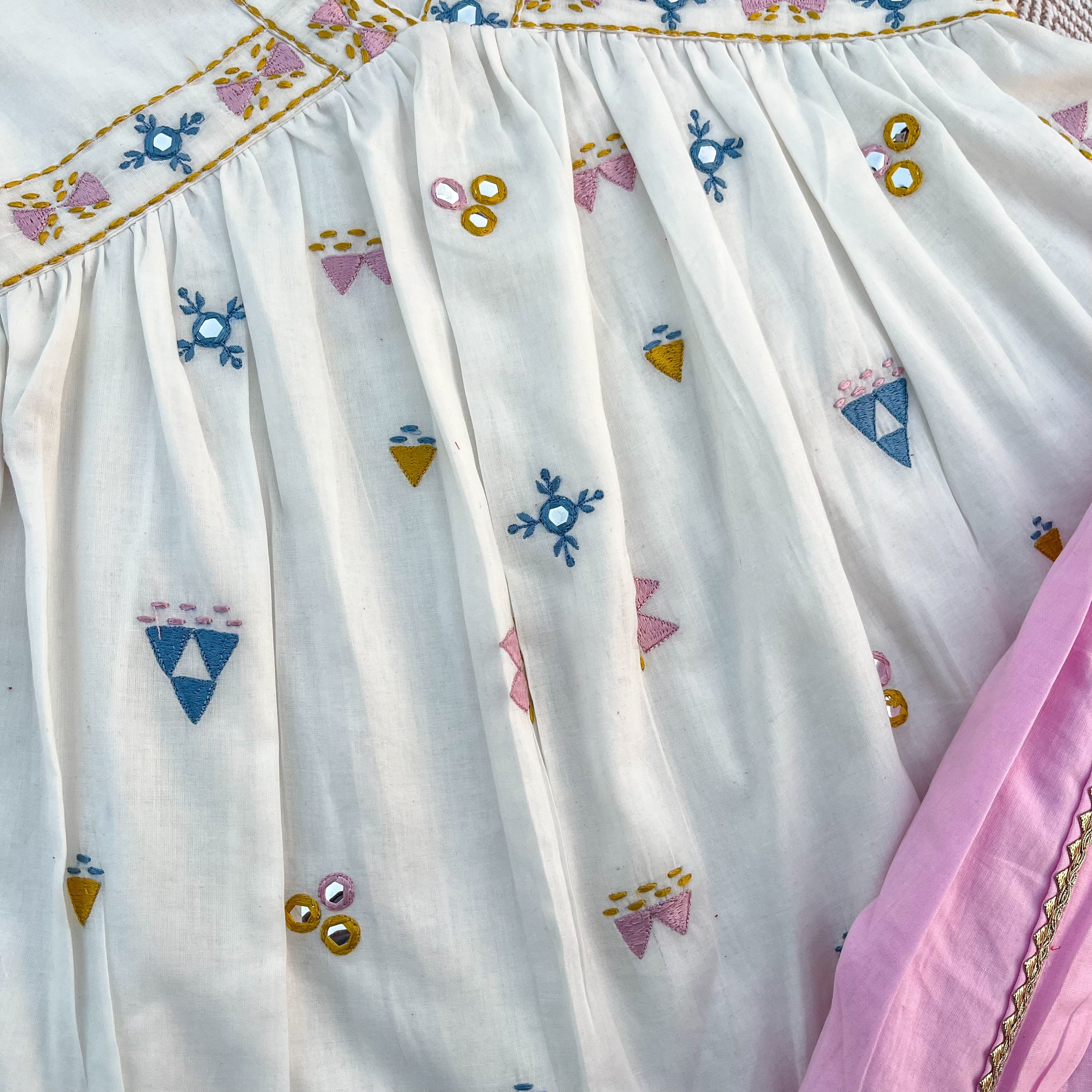 Organic cotton mirror work embroidered kurta set with dupatta by Bhaakur- perfect festive wear for infants, toddlers and kids.