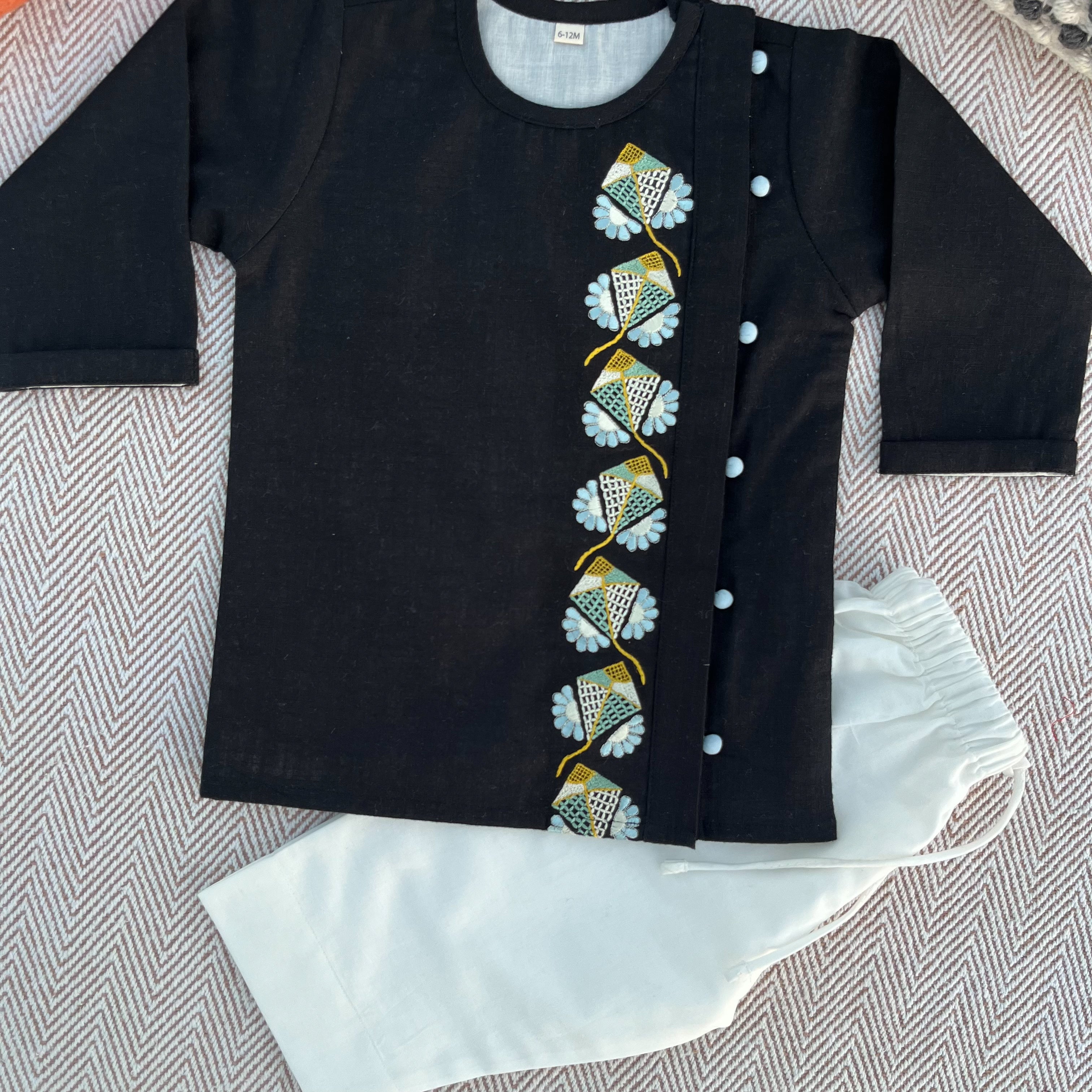 Sankranti special cotton slub black kites-embroidered kurta set for infants, toddlers and kids.
