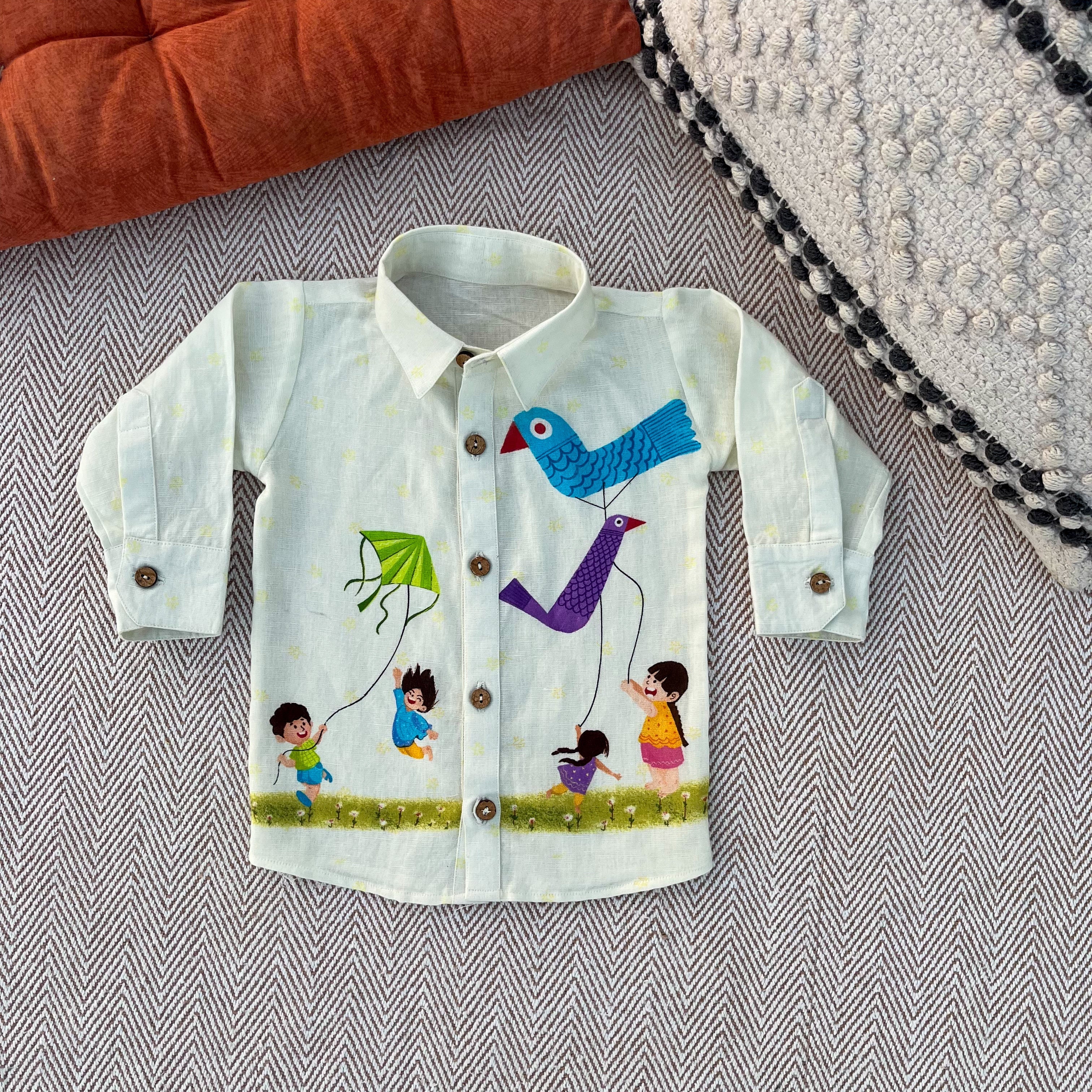 Makar Sankranti special Colourful Kites Print Unisex Cotton Linen Shirt for infants, toddlers and kids.