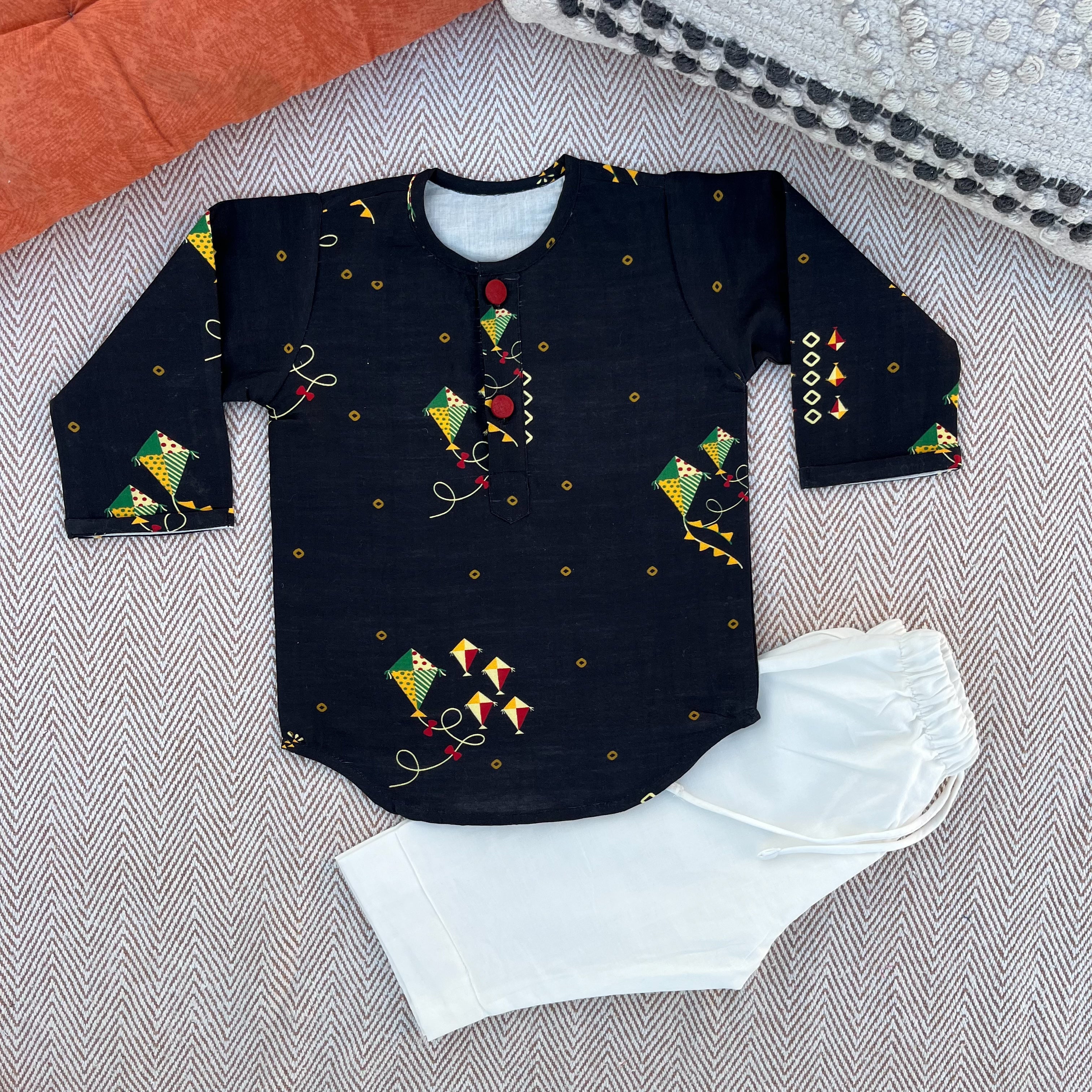 Sankranti special chanderi with organic cotton voile lining, kites print kurta set for infants, toddlers and kids