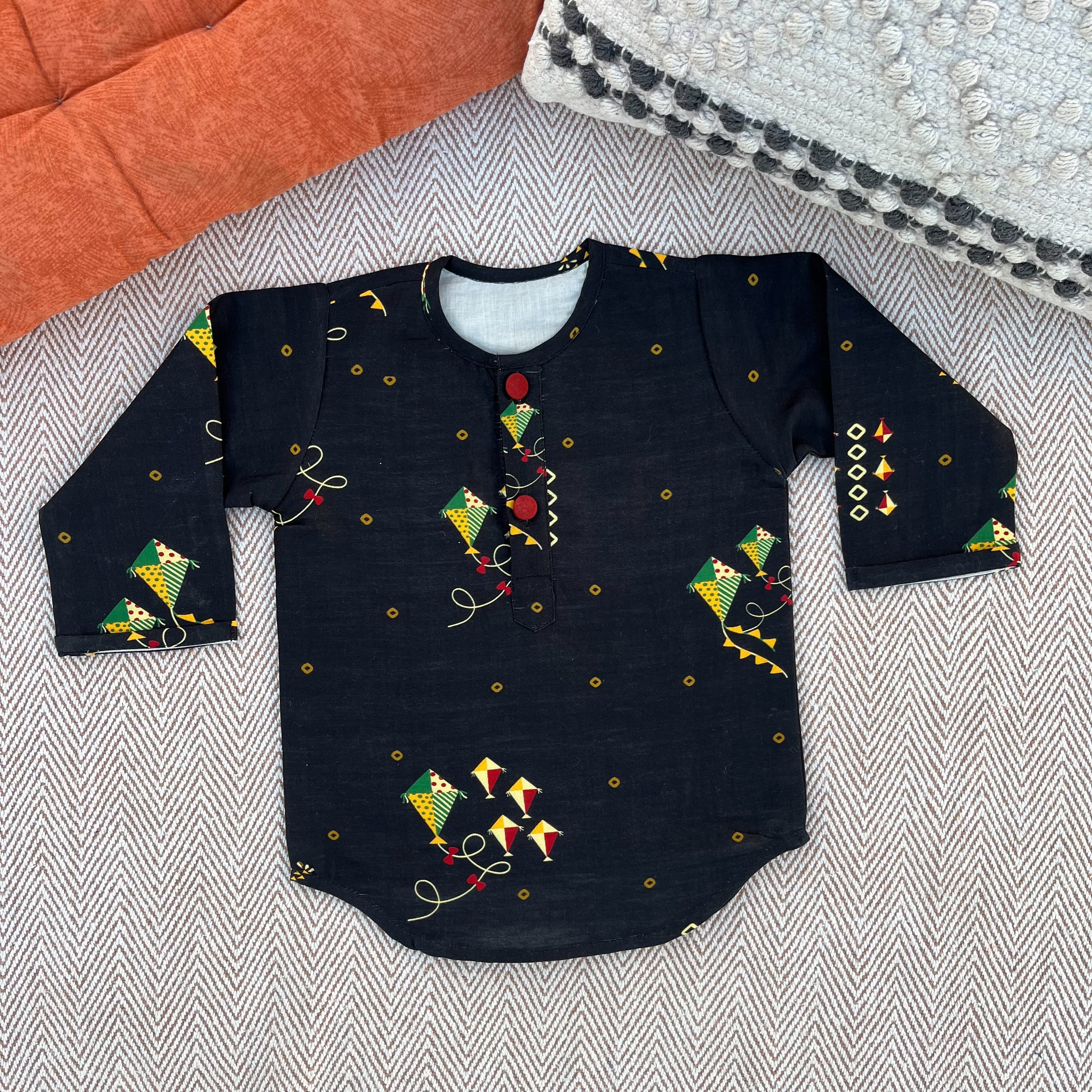 Sankranti special chanderi with organic cotton voile lining, kites print kurta for infants, toddlers and kids