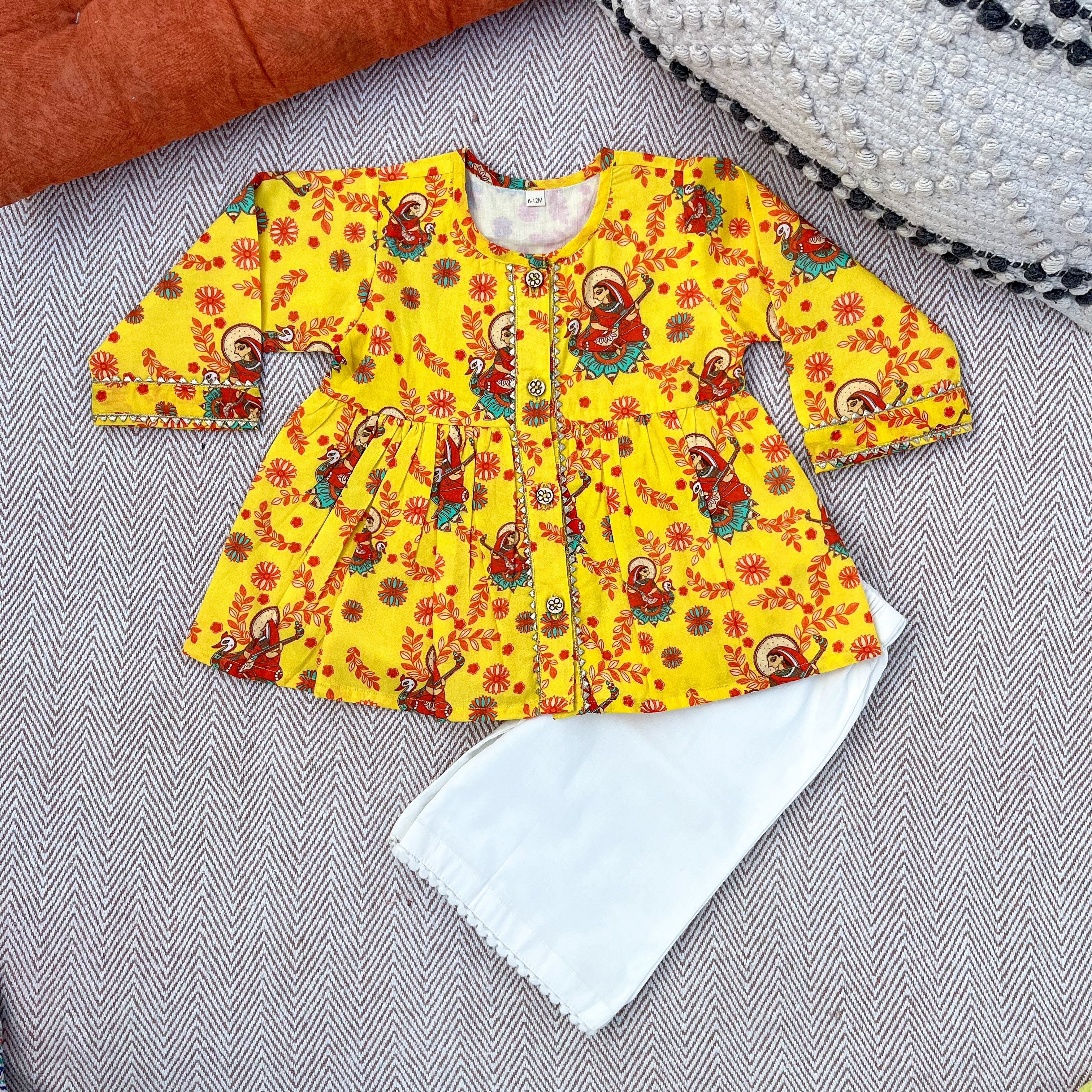 Madhubani print organic cotton 'Vidhya Dehi Saraswati' kurta set for infants, toddlers and kids.