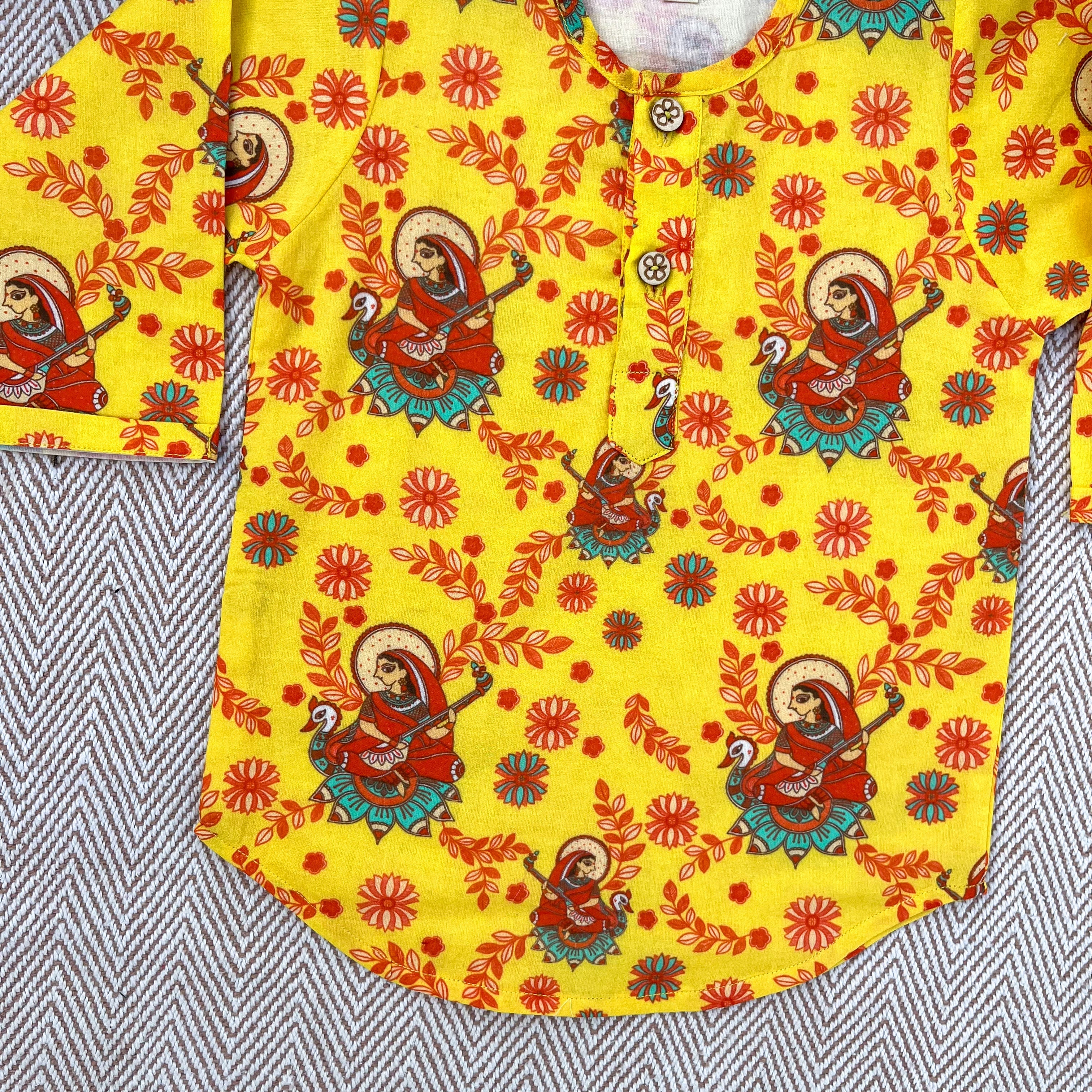 Madhubani print organic cotton 'Vidhya Dehi Saraswati' kurta for infants, toddlers and kids.