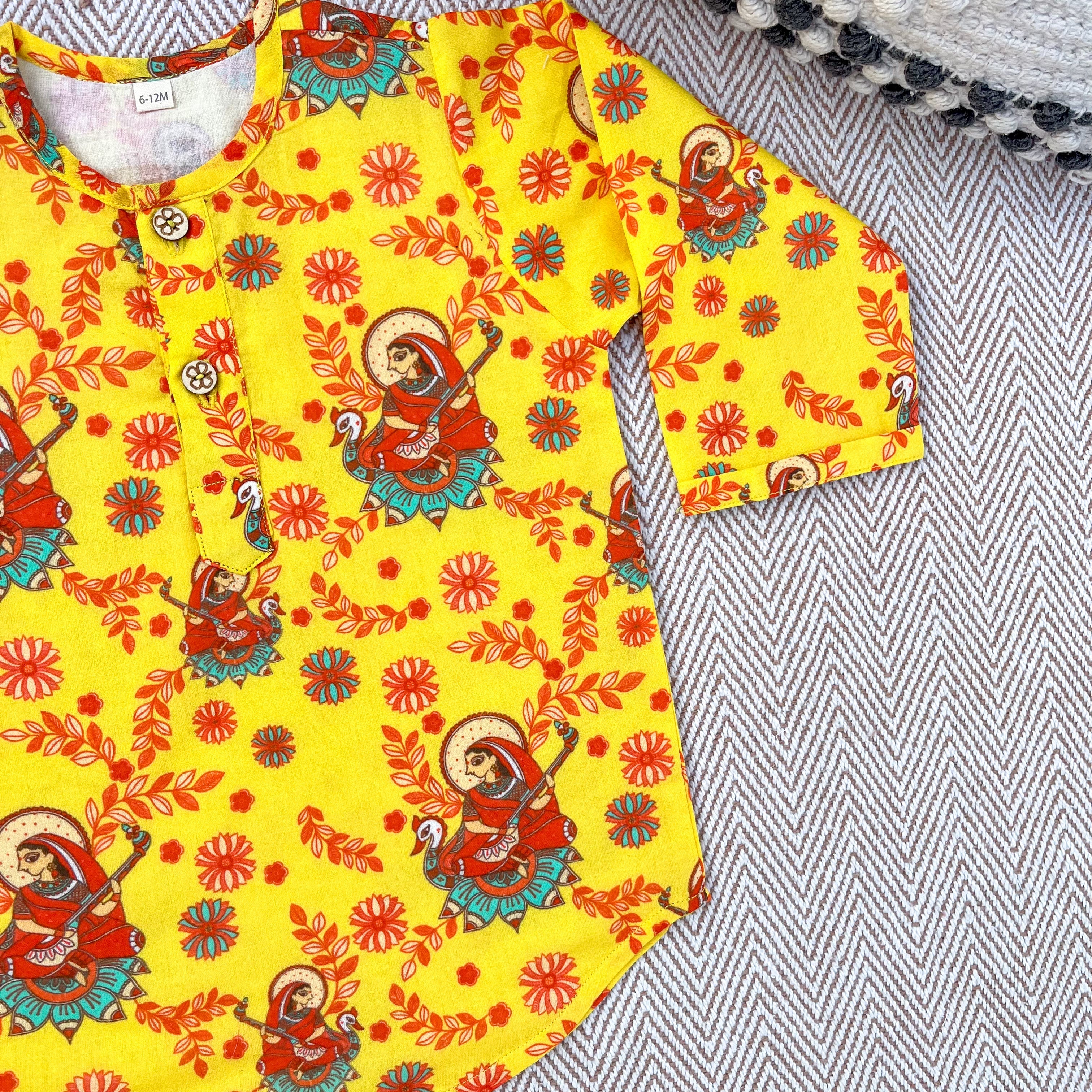 Madhubani print organic cotton 'Vidhya Dehi Saraswati' kurta for infants, toddlers and kids.