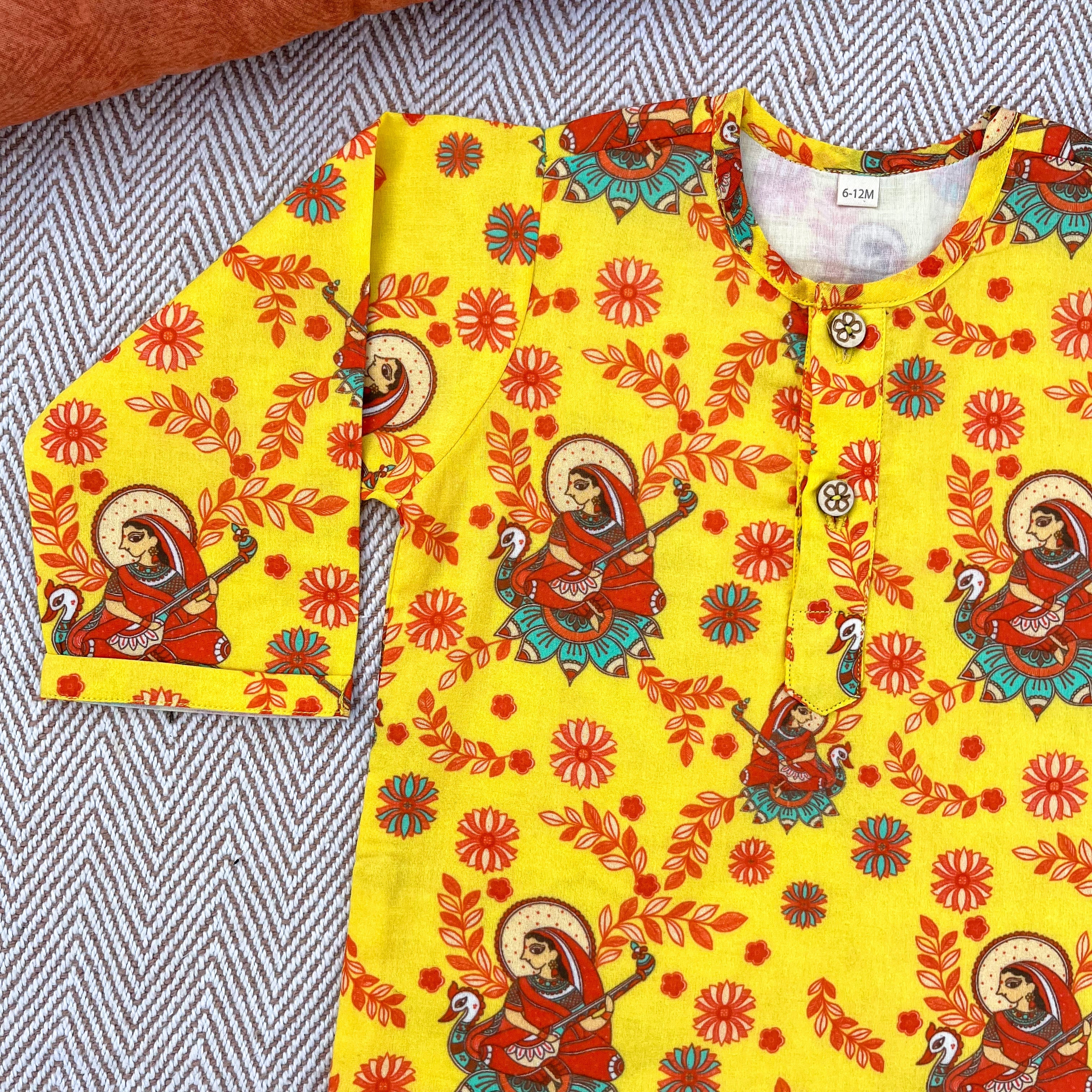 Madhubani print organic cotton 'Vidhya Dehi Saraswati' kurta for infants, toddlers and kids.