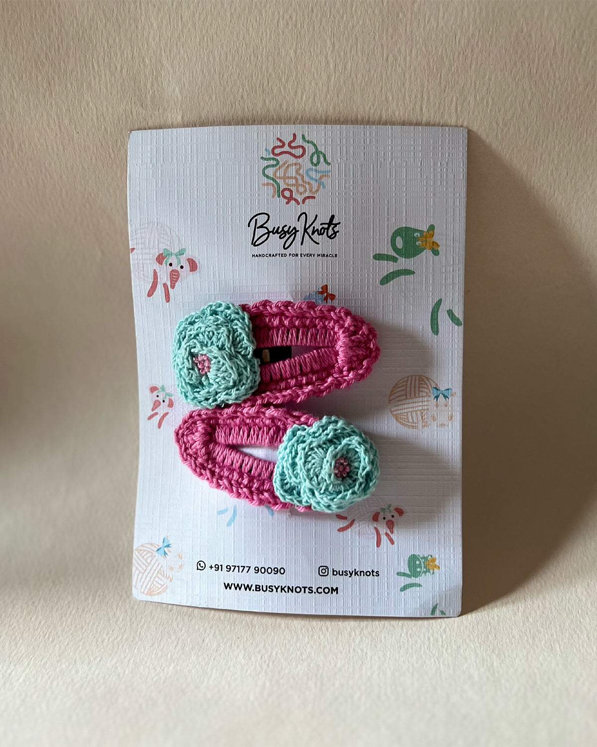 Handmade Crochet Rose Clips Pink/Turq