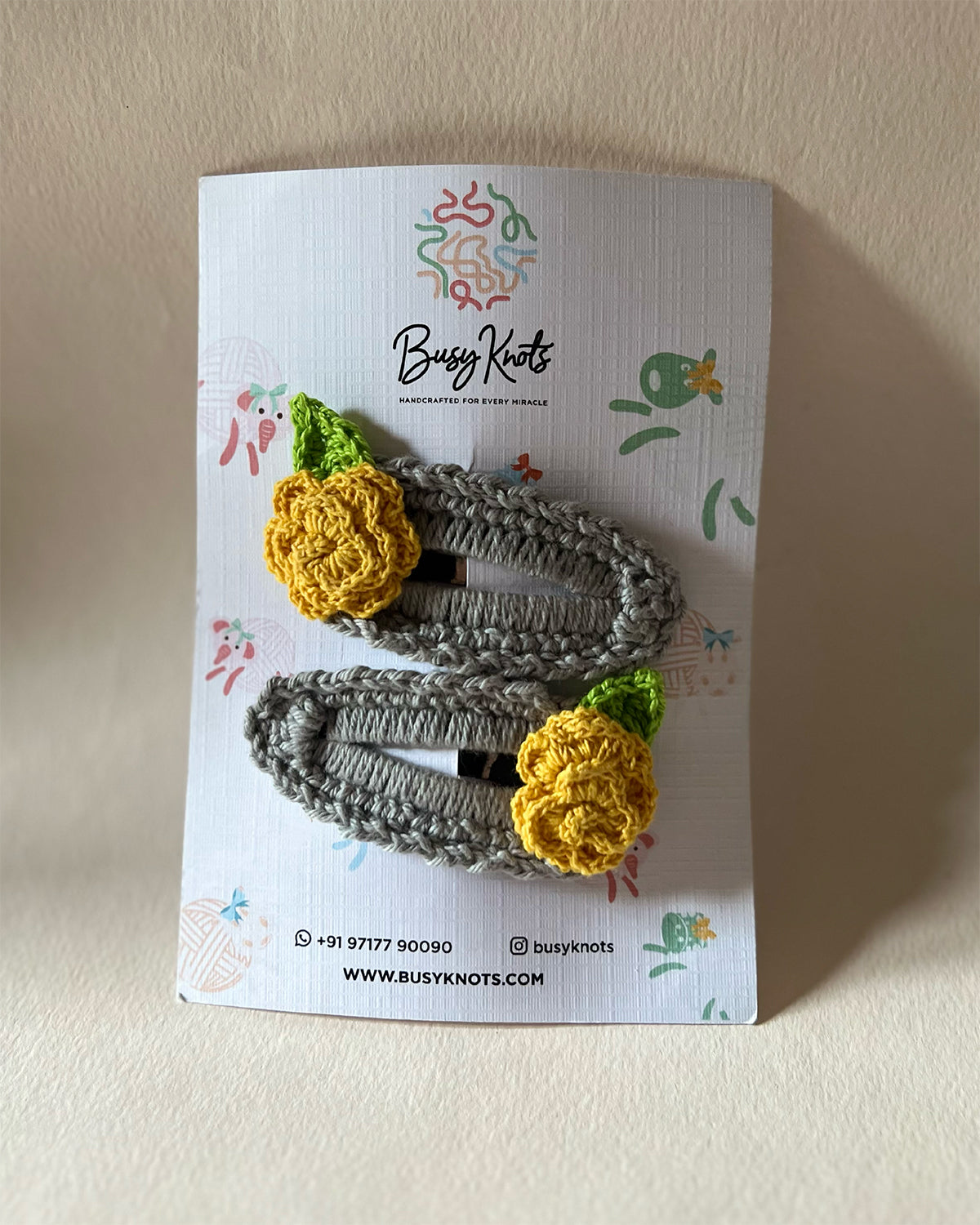 Handmade Crochet Rose Clips Grey/Mustard