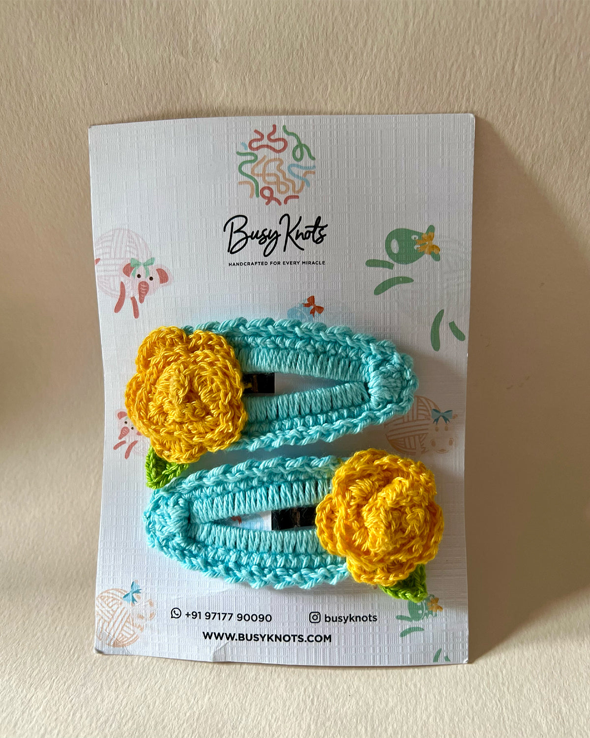 Handmade Crochet Rose Clips Turq/Yellow