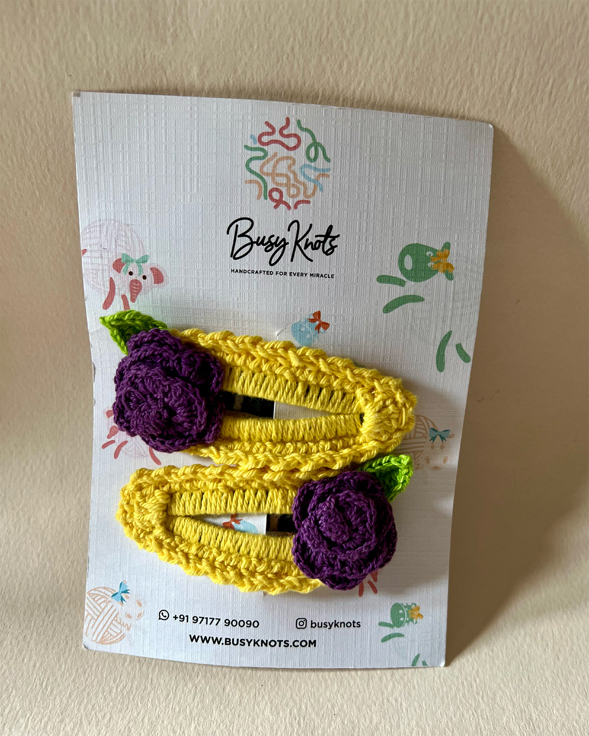 Handmade Crochet Rose Clips Yellow/Purple