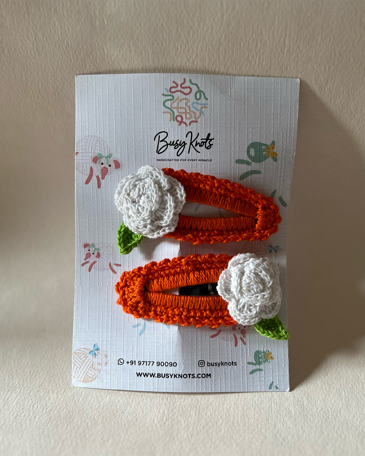 Handmade Crochet Rose Clips Orange/White