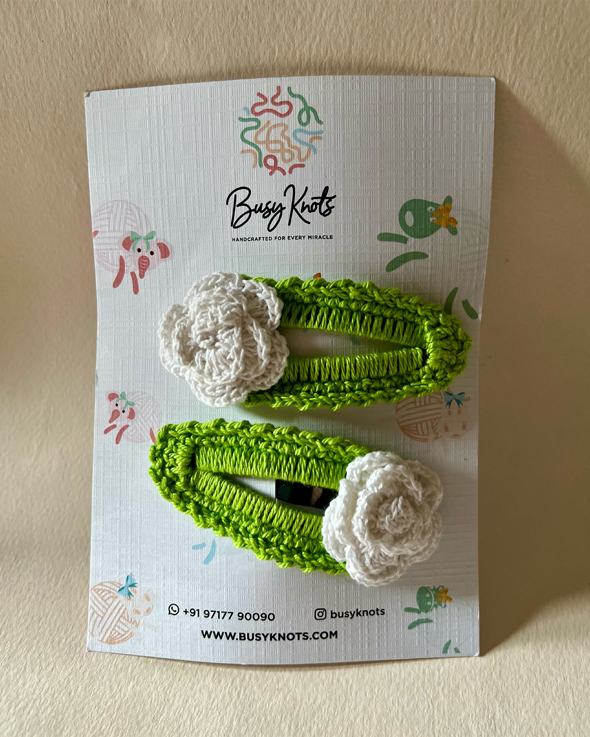 Handmade Crochet Rose Clips Lime Green/White