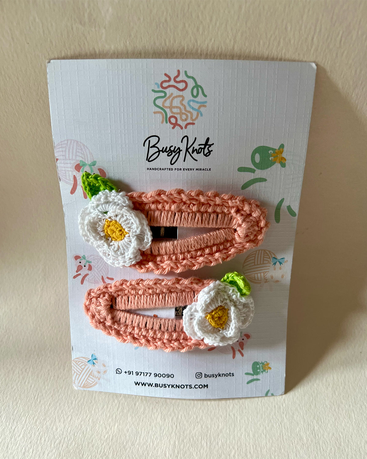 Handmade Crochet 4 Petal Flower Clips Peach/White