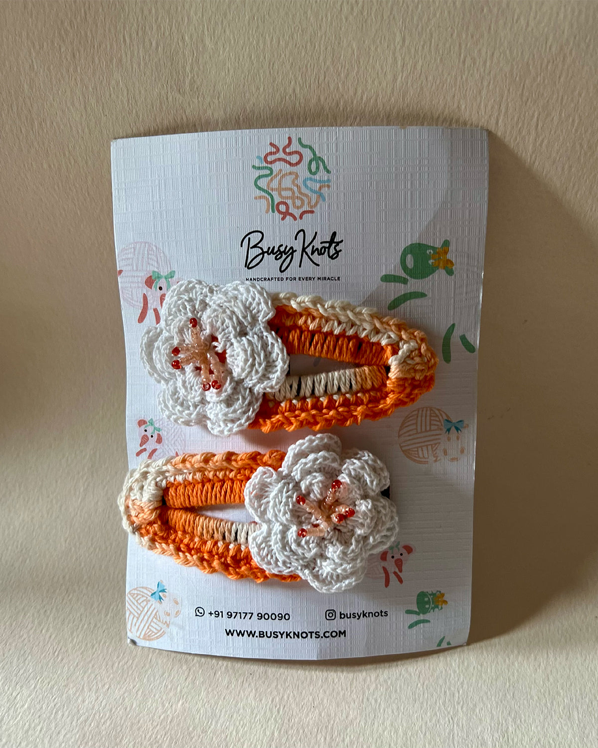 Handmade Crochet Floral Clips Shaded Orange/White