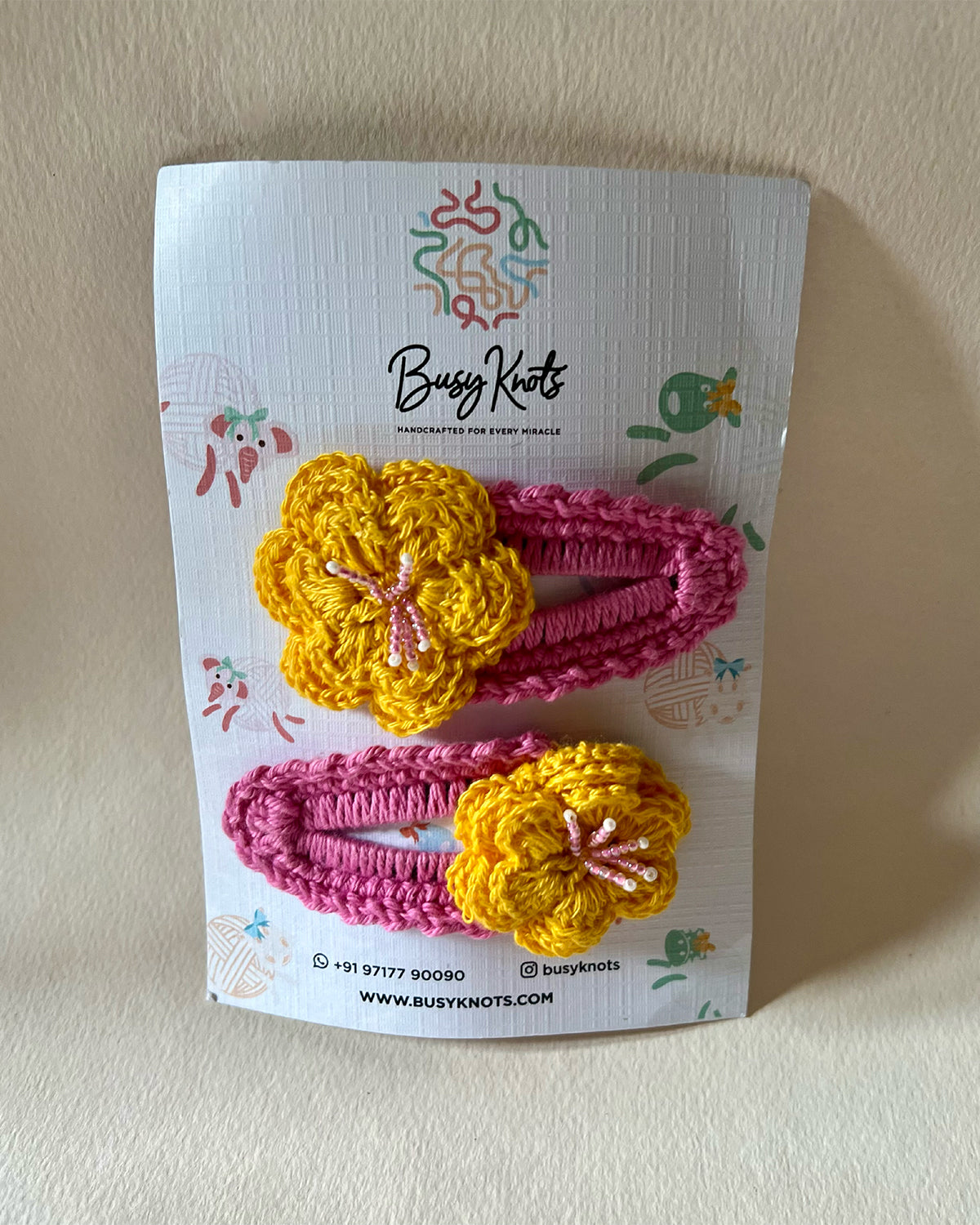 Handmade Crochet Floral Clips Pink/Yellow