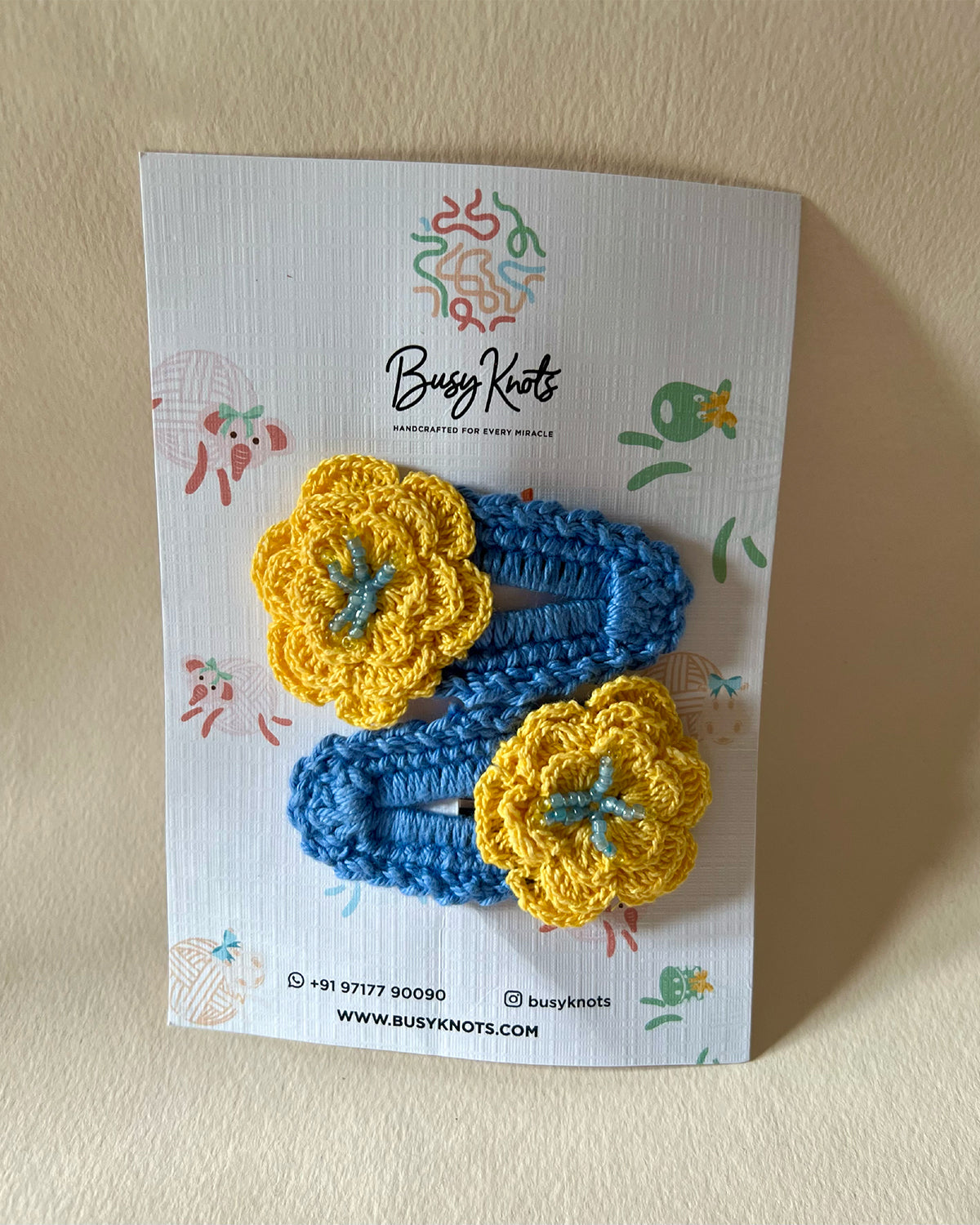 Handmade Crochet Floral Clips Blue/Yellow