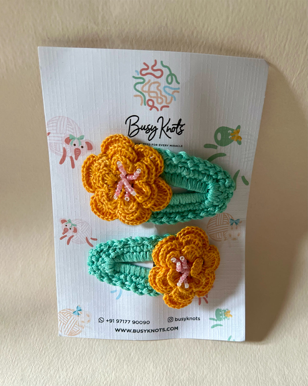 Handmade Crochet Floral Clips Seagreen/Orange