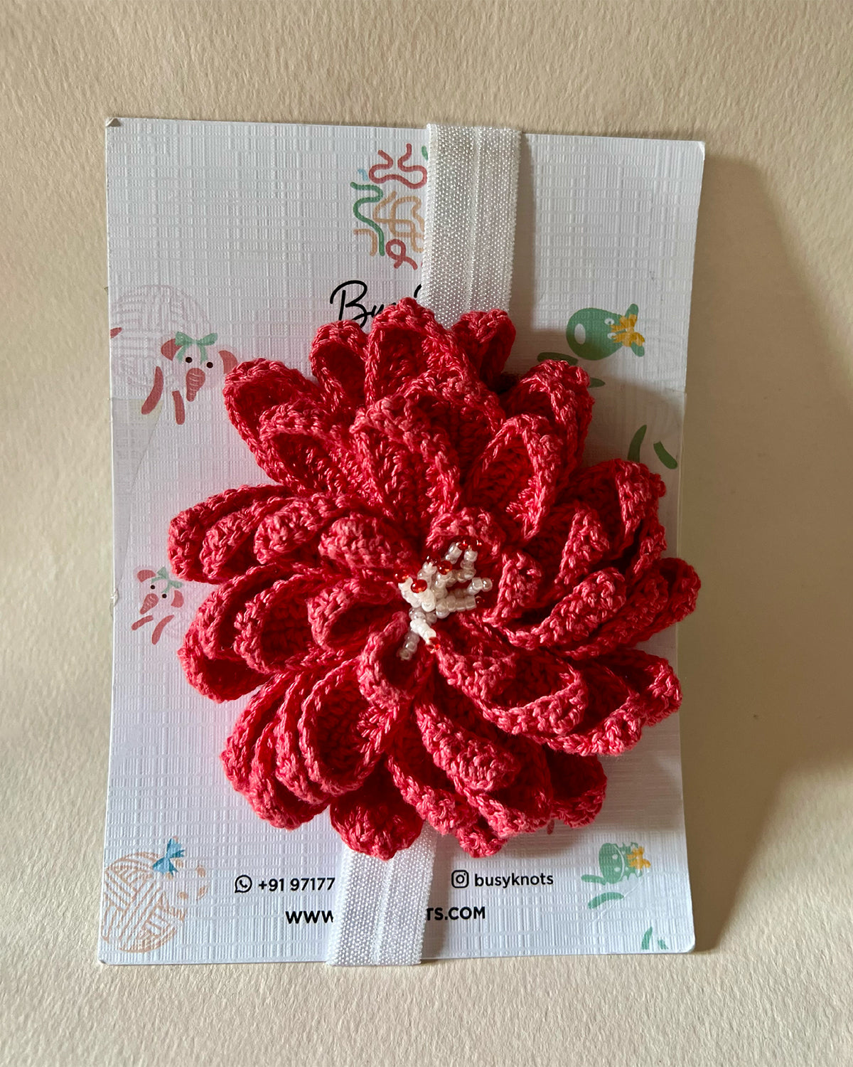 Handmade Crochet Floral Band Red/White