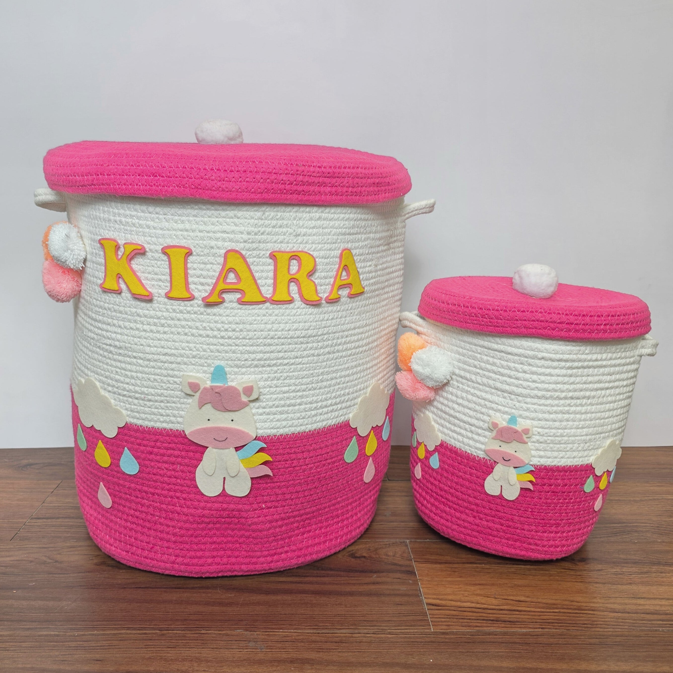Jute Cotton Storage Basket with Lid - Rainbow Unicorn Delight