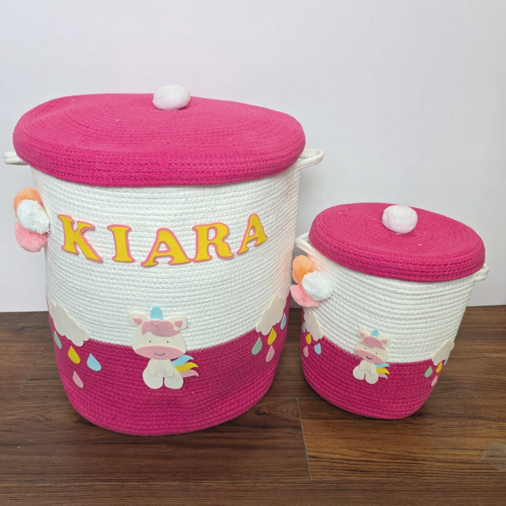 Jute Cotton Storage Basket with Lid - Rainbow Unicorn Delight