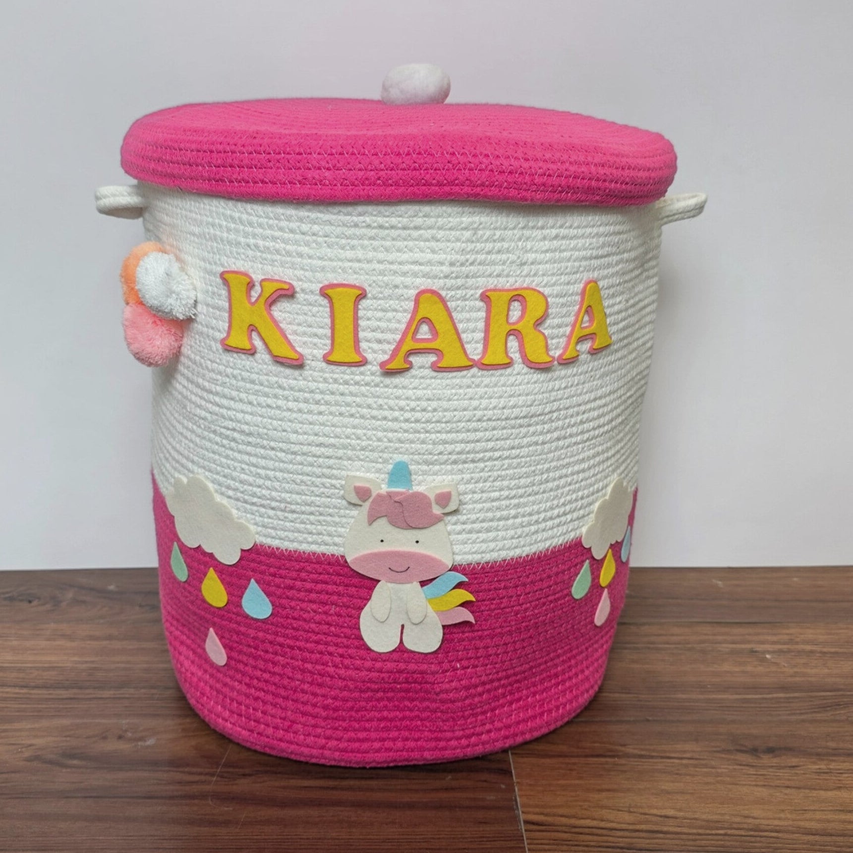 Jute Cotton Storage Basket with Lid - Rainbow Unicorn Delight