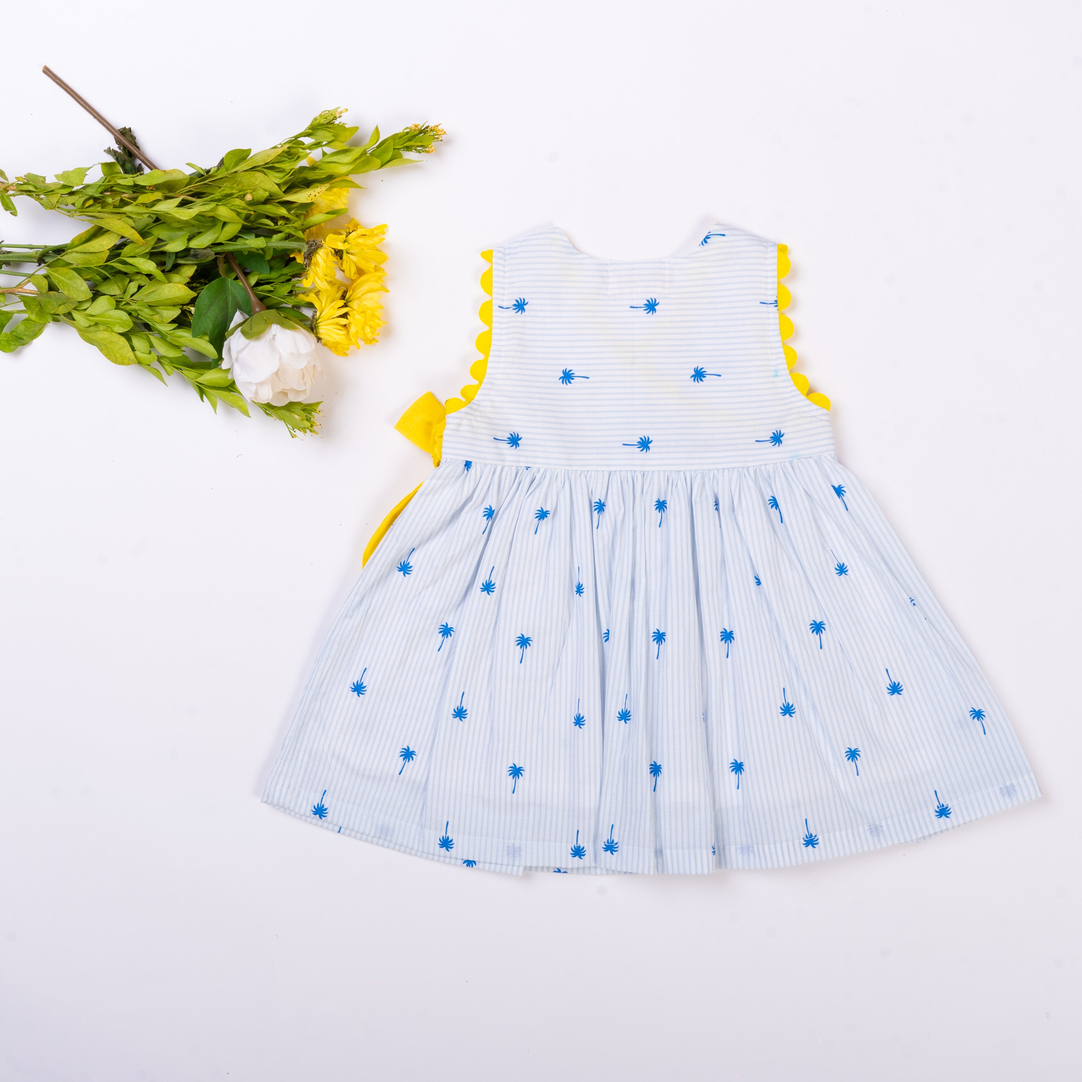 Yellow Side Bow Palm Print Holiday Dress