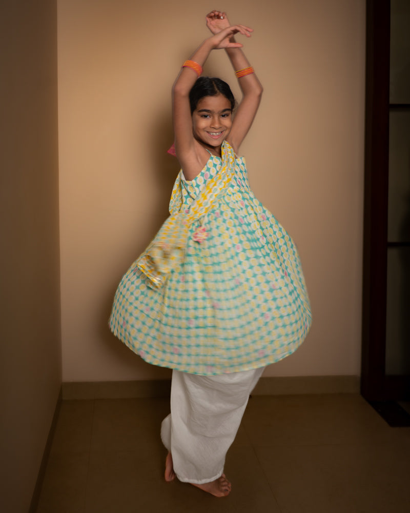Rasa Green Monstera Kurta, Cowl Dhoti Pants & Dupatta Set