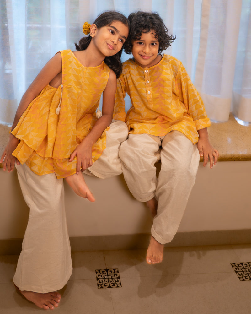 Chandan Mustard Ruffle Top & Off-White Palazzo Set
