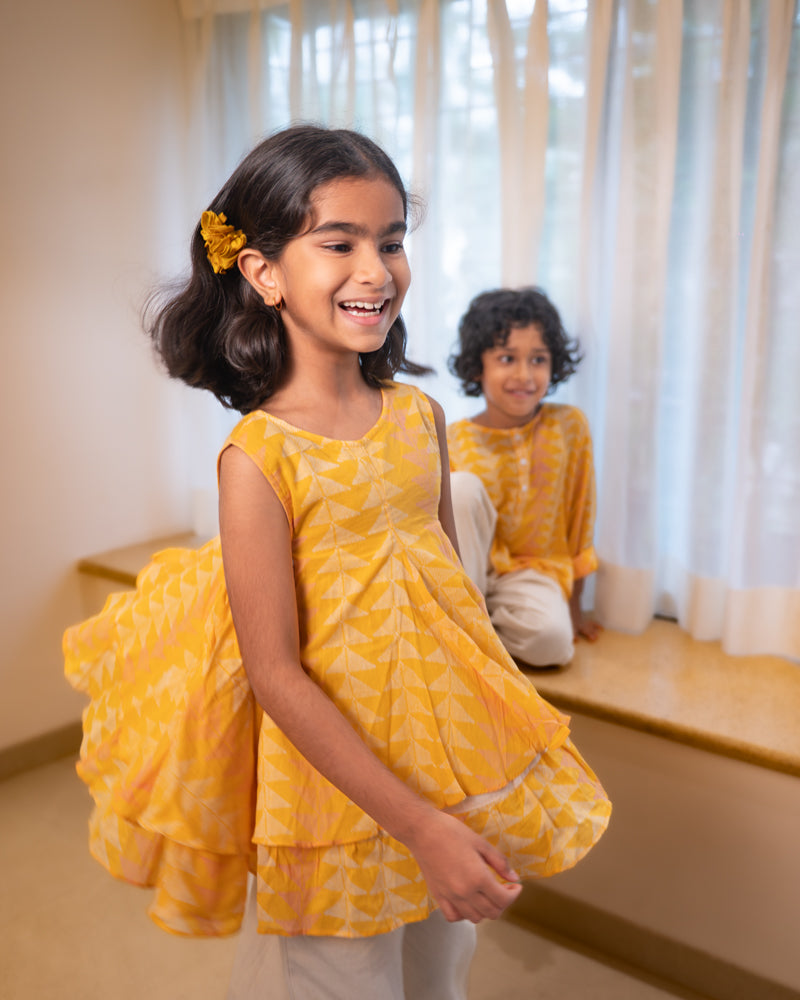 Chandan Mustard Ruffle Top & Off-White Palazzo Set