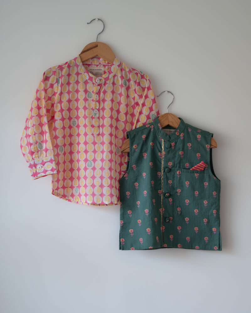 Leela Pink Monstera Full Sleeve Shirt Kurta