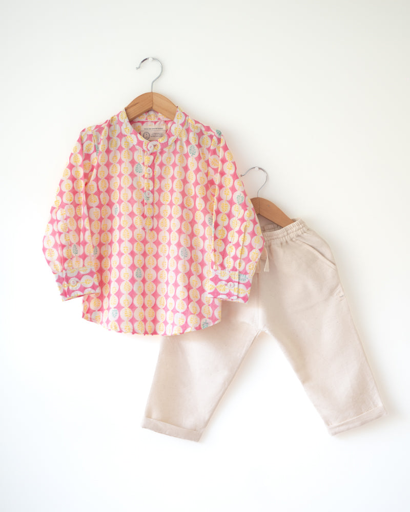Leela Pink Monstera Full Sleeve Shirt Kurta