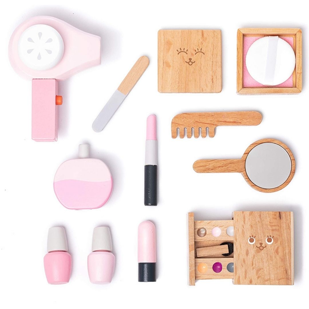 Wooden Makeup Toy Girls Salon Playset Beauty Salon Play Set with Vanity  and Accessories 12 Pcs