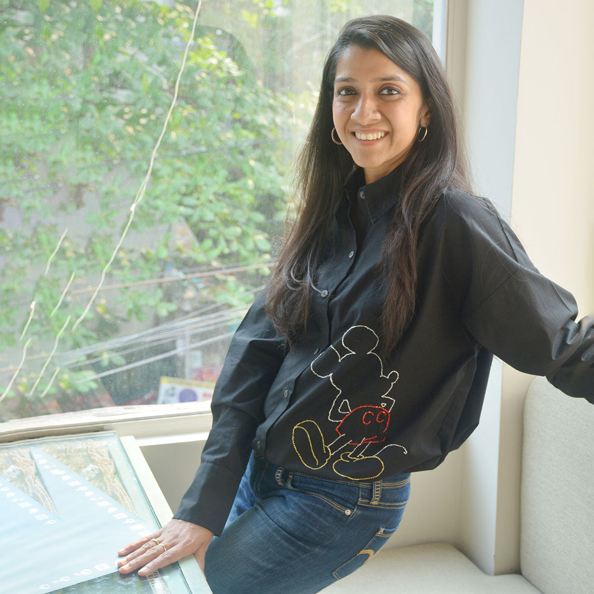 Mouse Embellished Women's Shirt - Black/White