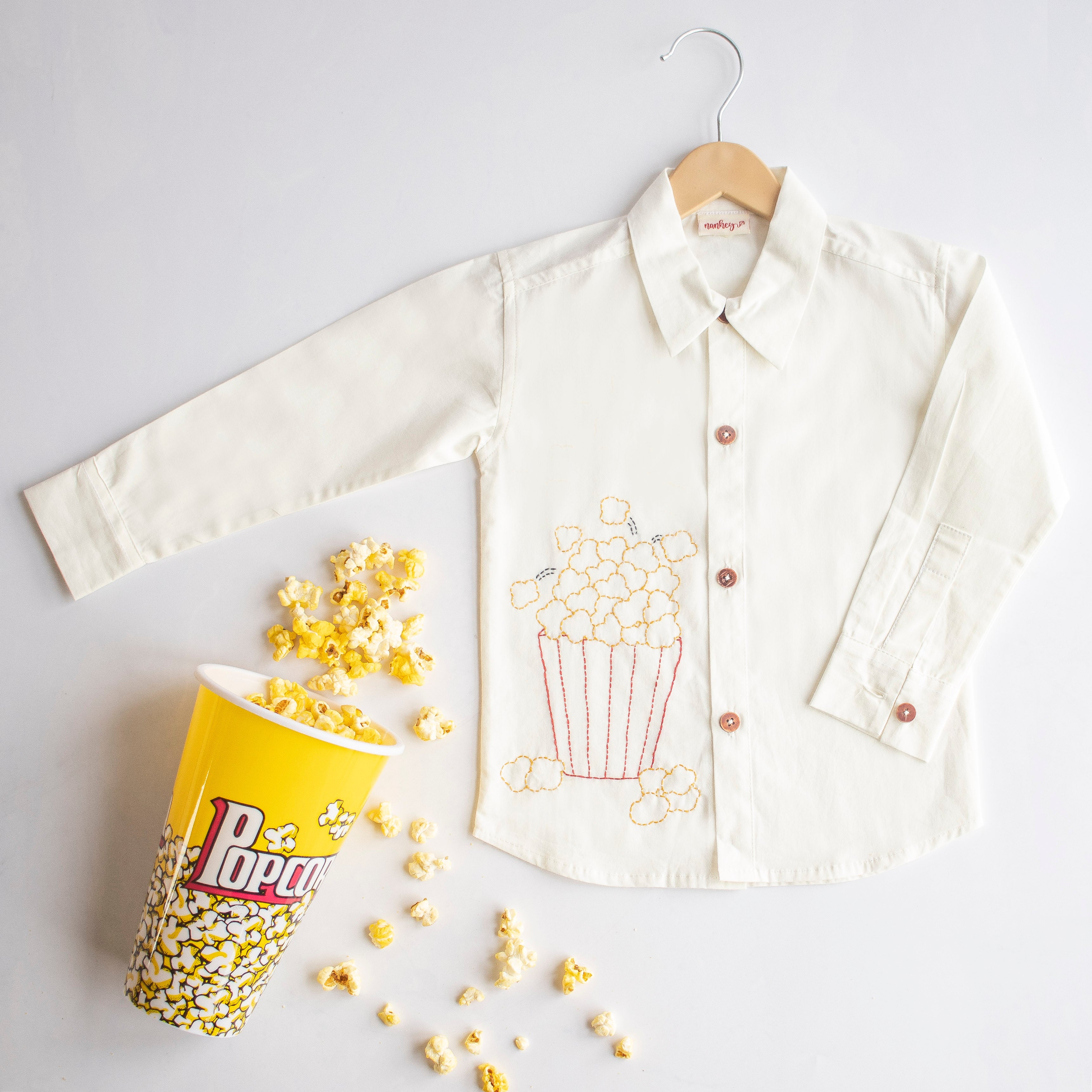 Popcorn Embroidered Unisex Shirt - White - Totdot