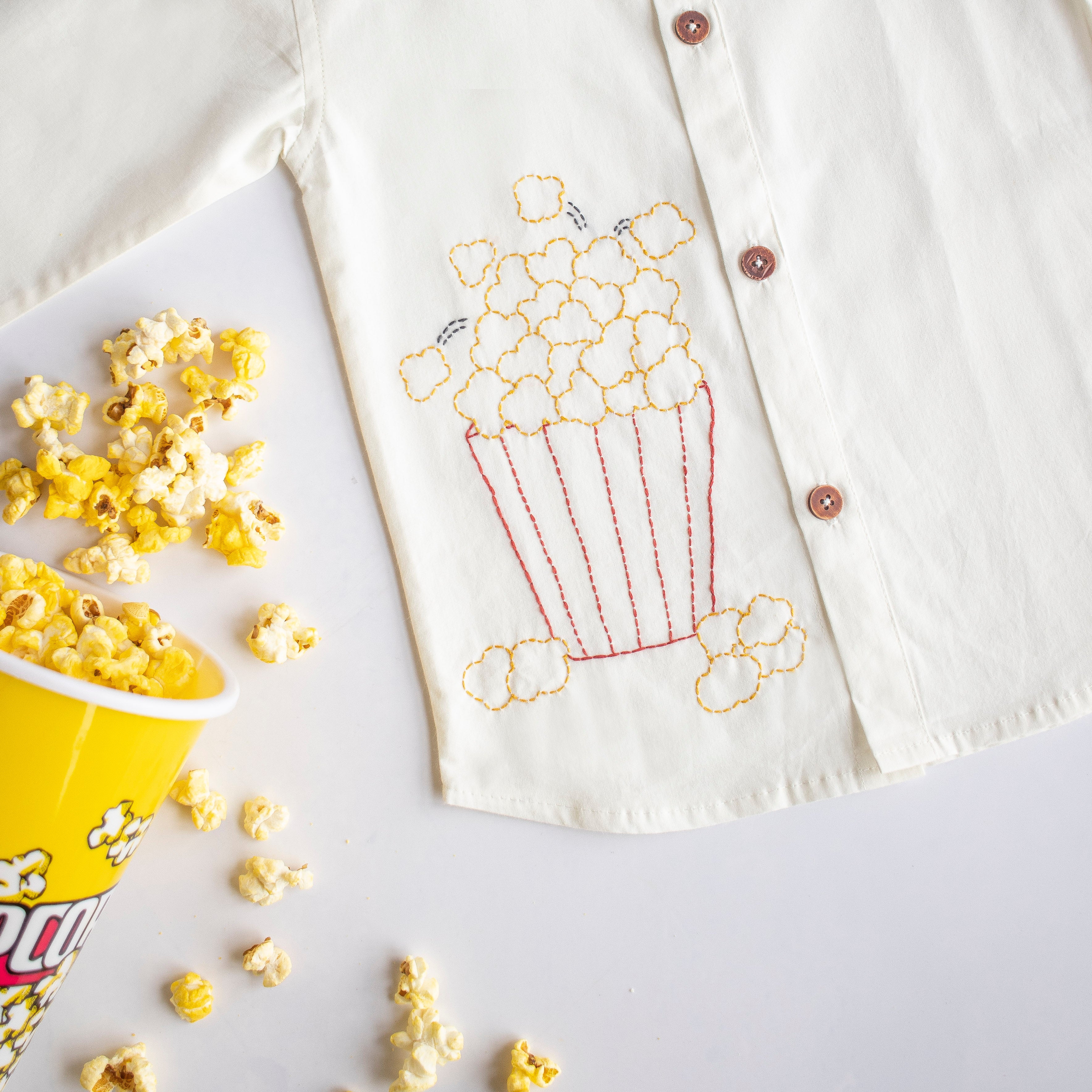 Popcorn Embroidered Unisex Shirt - White - Totdot