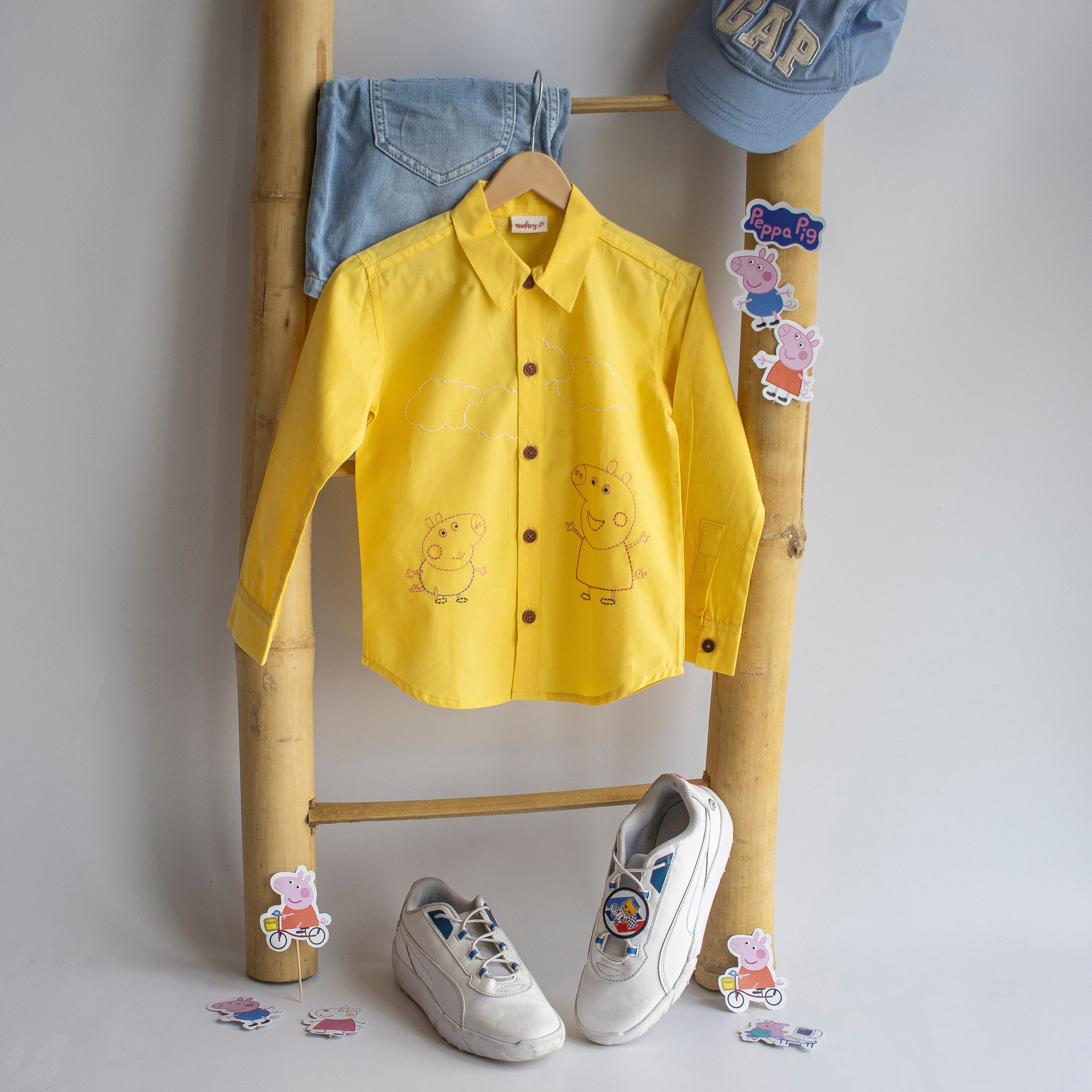 Sibling Pigs Embroidered Unisex Shirt - Yellow - Totdot