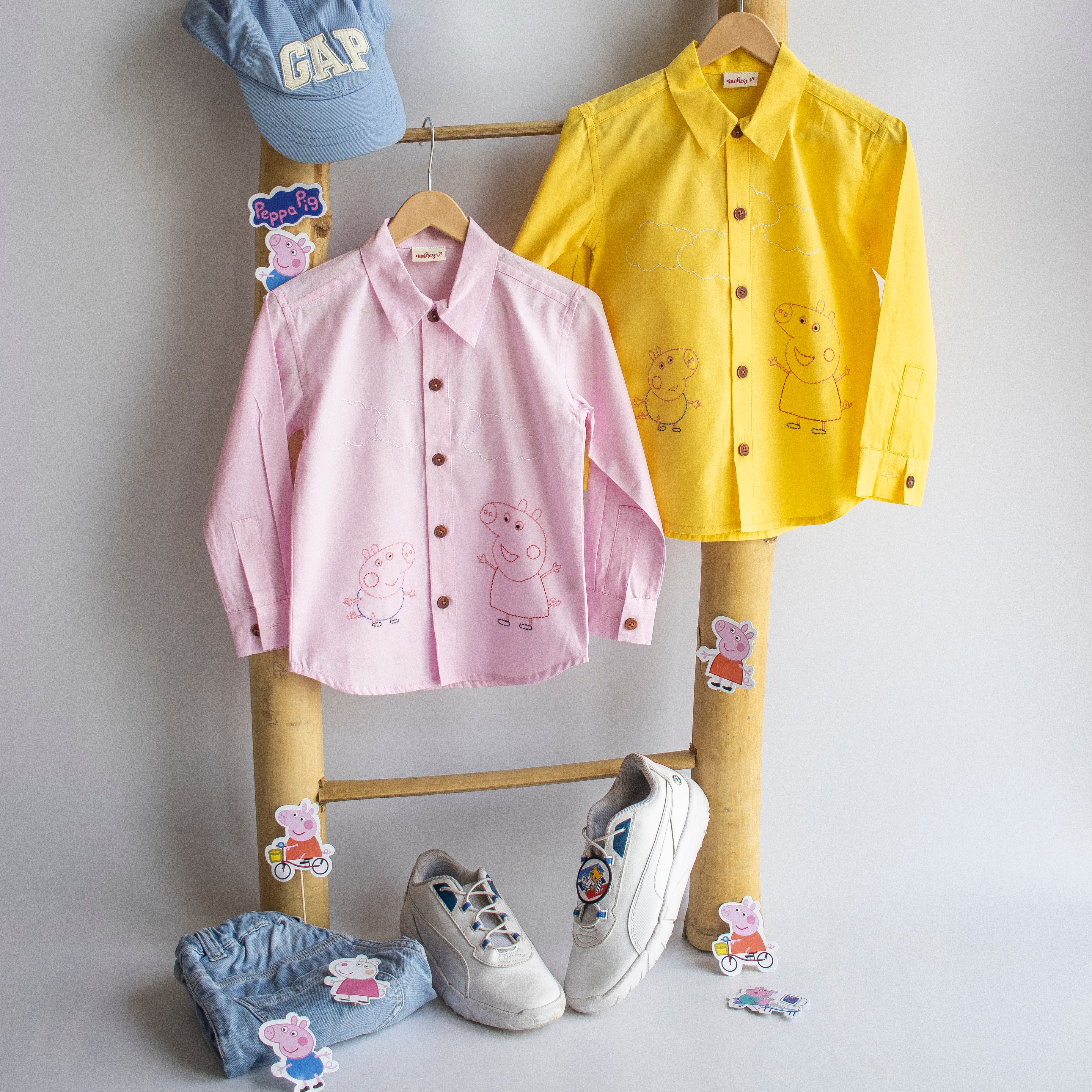 Sibling Pigs Embroidered Unisex Shirt - Yellow - Totdot