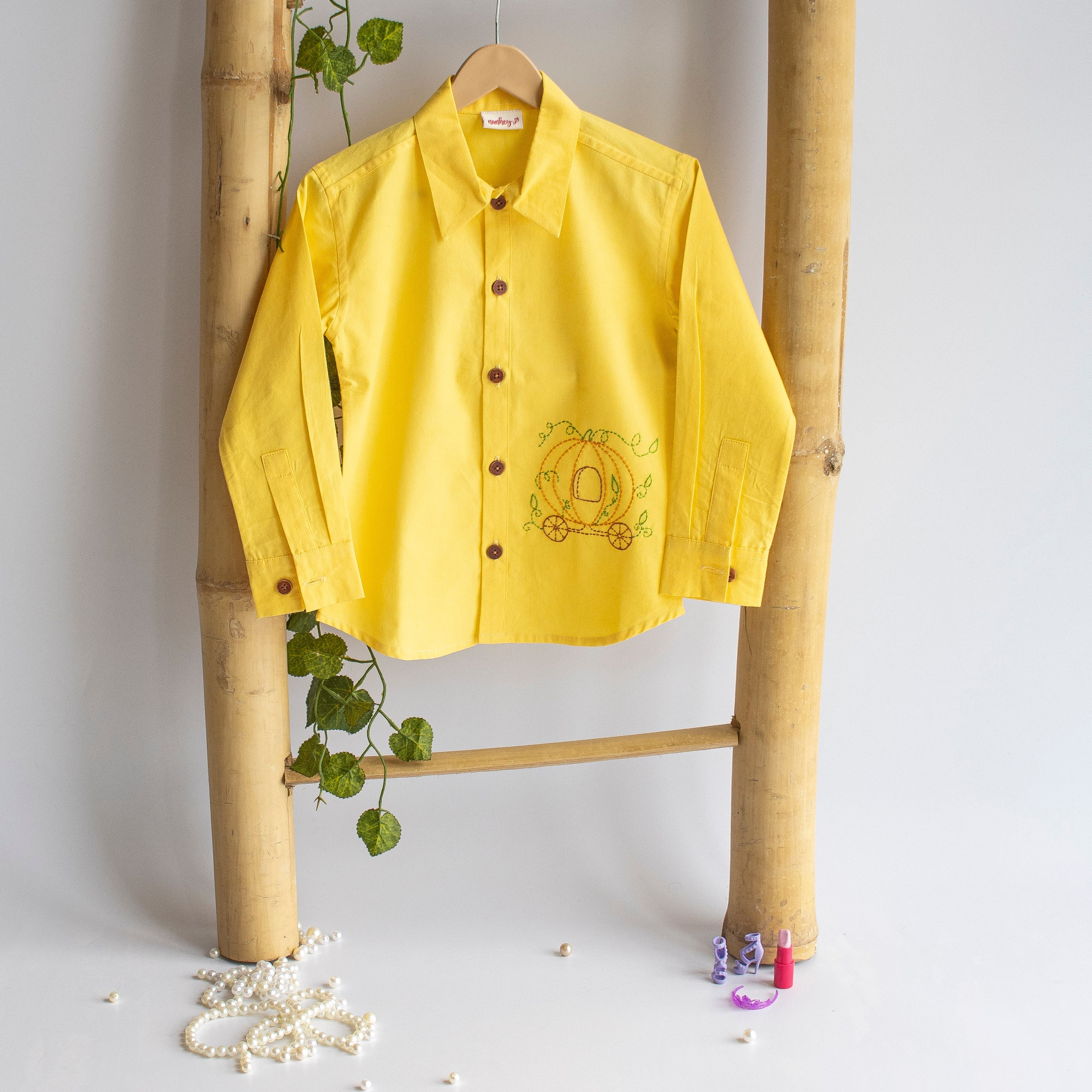 Pumpkin Carriage Embroidered Shirt - Yellow - Totdot