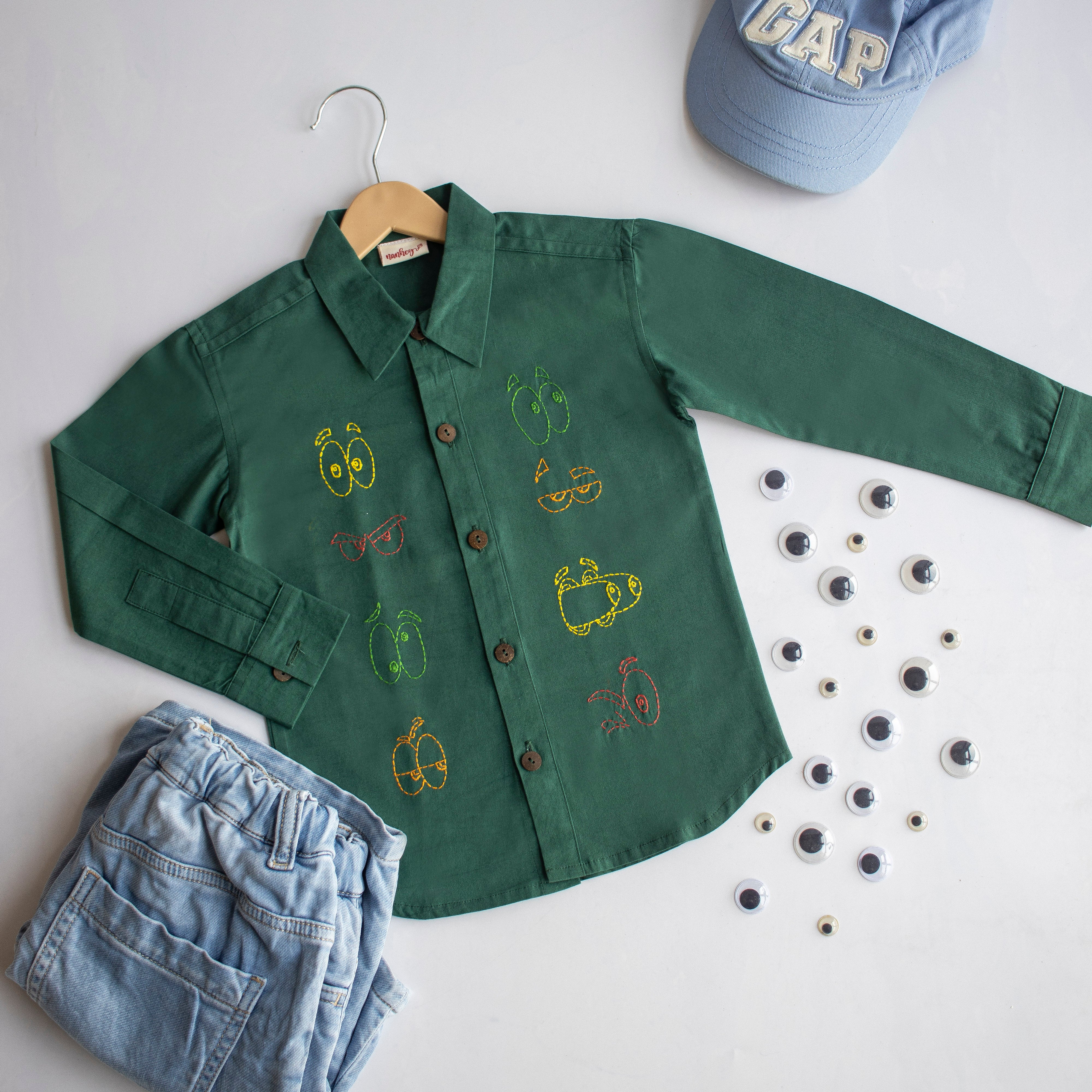 Colourful Emoji Eyes Embroidered Unisex Shirt - Bottle Green - Totdot