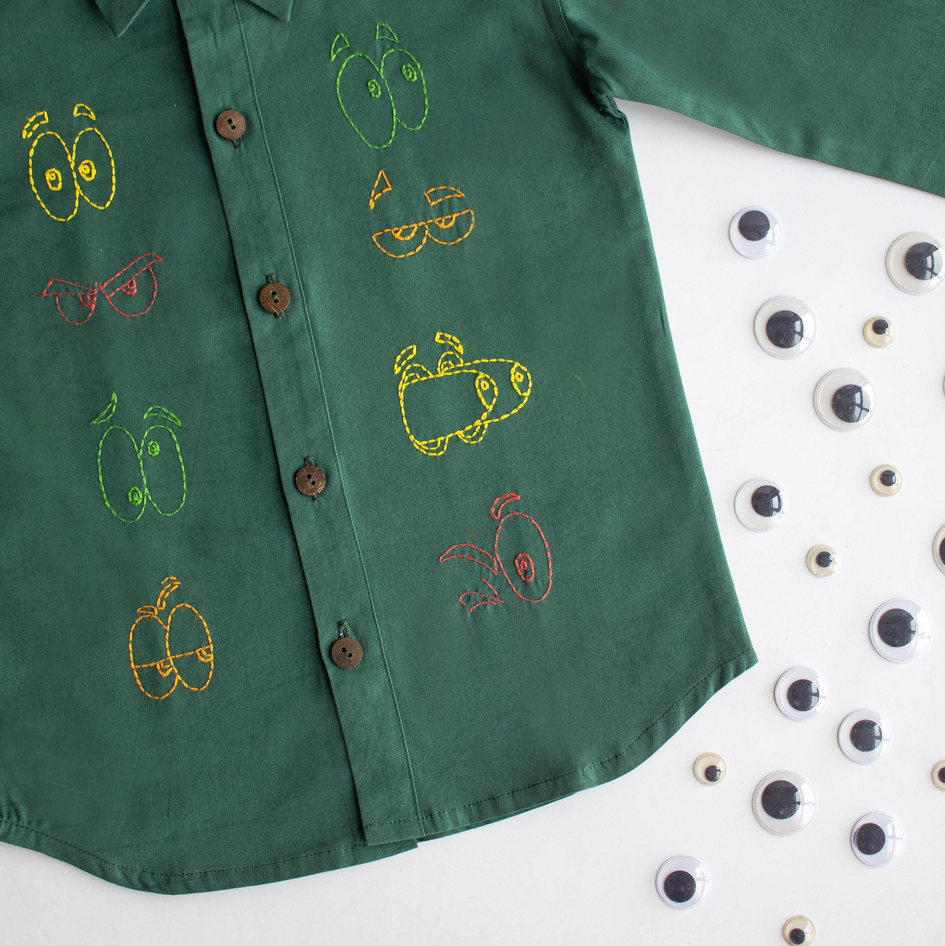 Colourful Emoji Eyes Embroidered Unisex Shirt - Bottle Green - Totdot