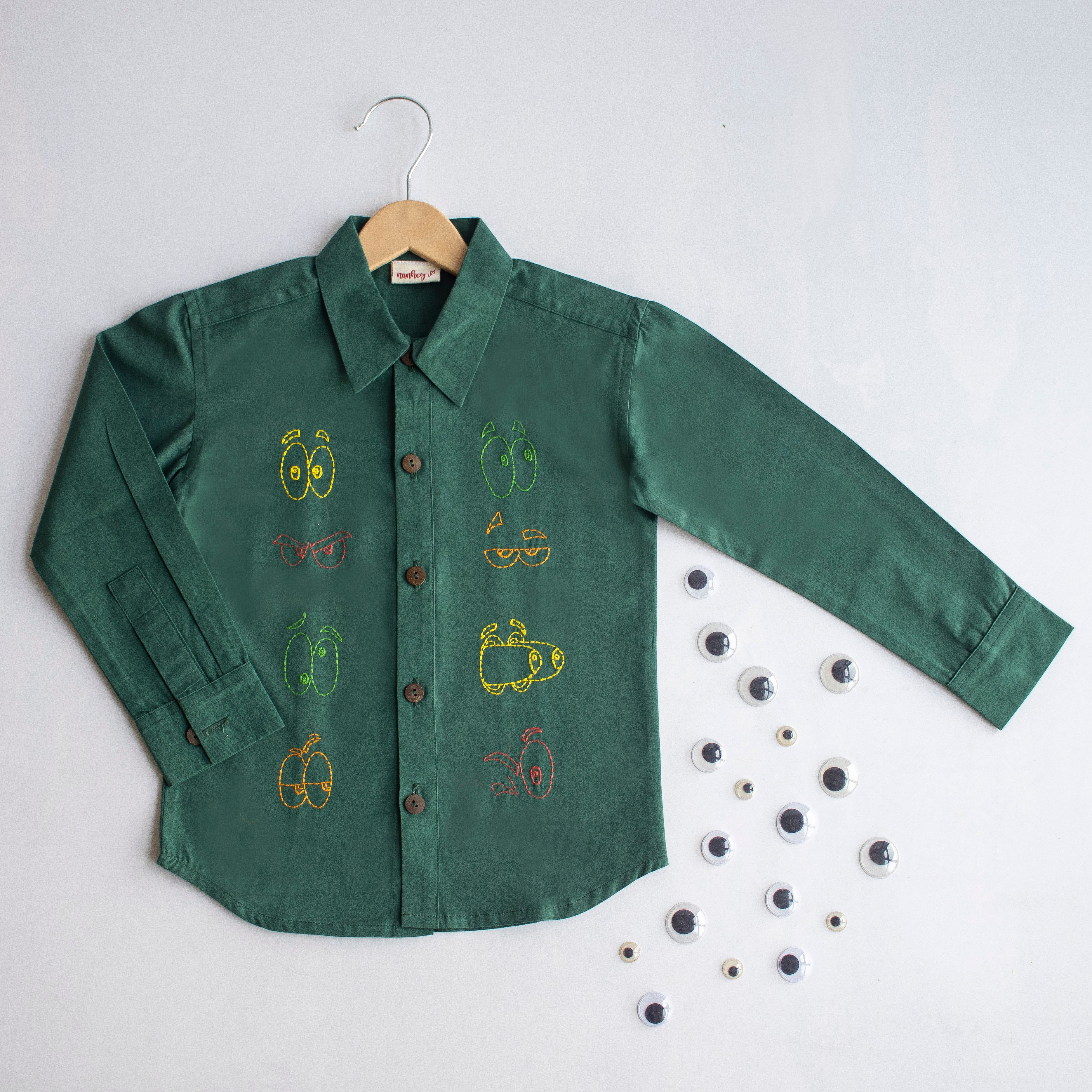 Colourful Emoji Eyes Embroidered Unisex Shirt - Bottle Green - Totdot