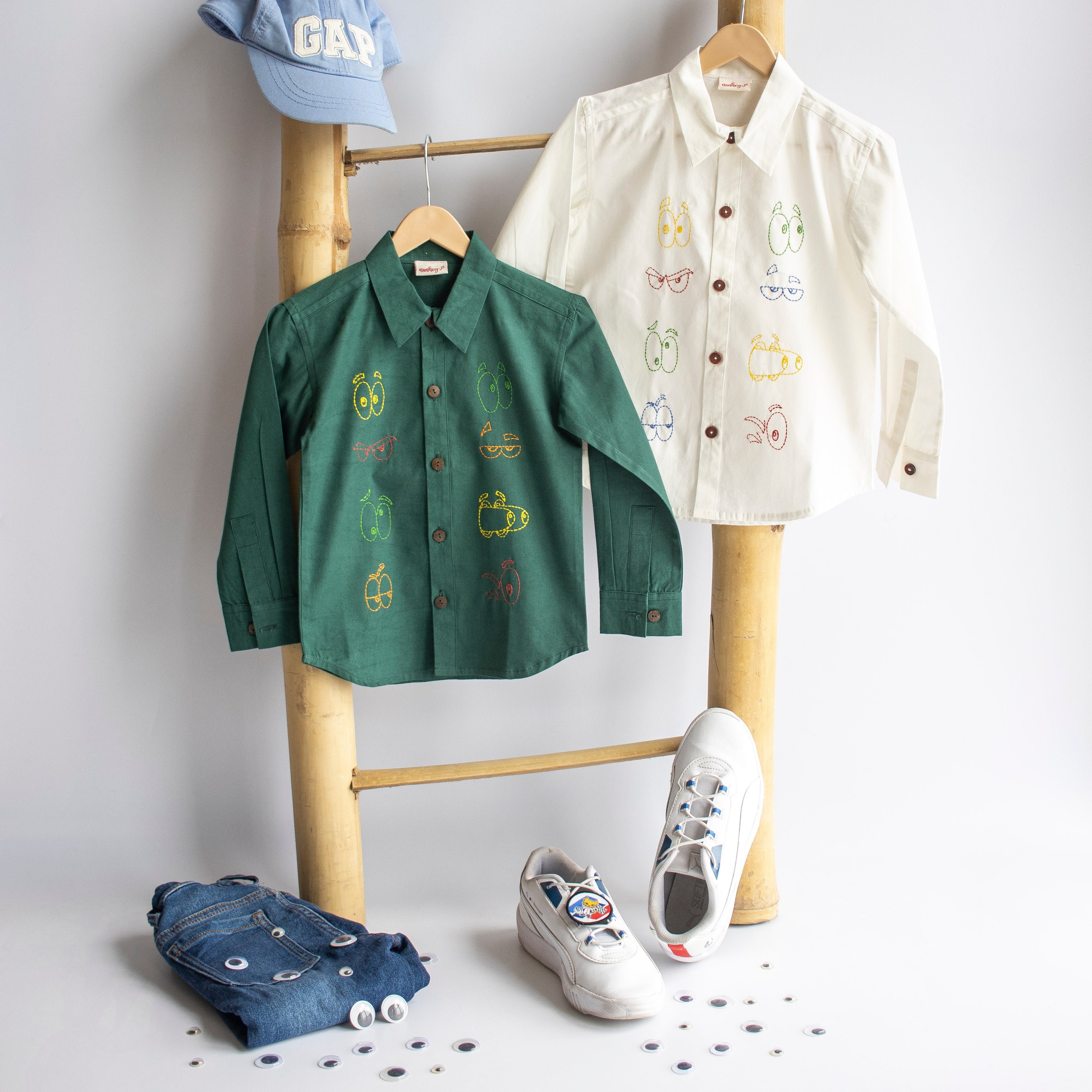 Colourful Emoji Eyes Embroidered Unisex Shirt - Bottle Green - Totdot