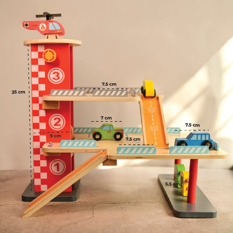 Drive in-Multilevel Activity Center with Helicopter Pad, Moving Elevator & Rapid Descent Ramps Pretend Play Toy Develops Motor Skills & Creativity – Age 3+ years
