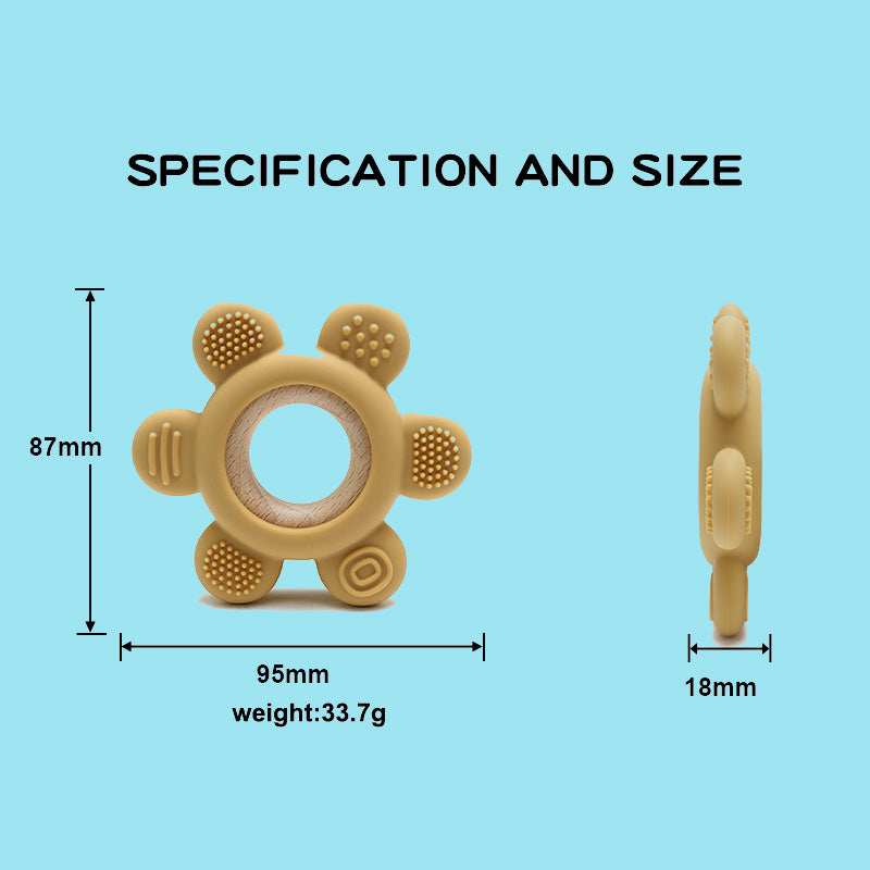 Wooden Flower Teether in Assorted Colours, Baby Teething Toys Silicone Teethers BPA Free Silicone Rudder with Wooden Ring Soothe Babies Gums
