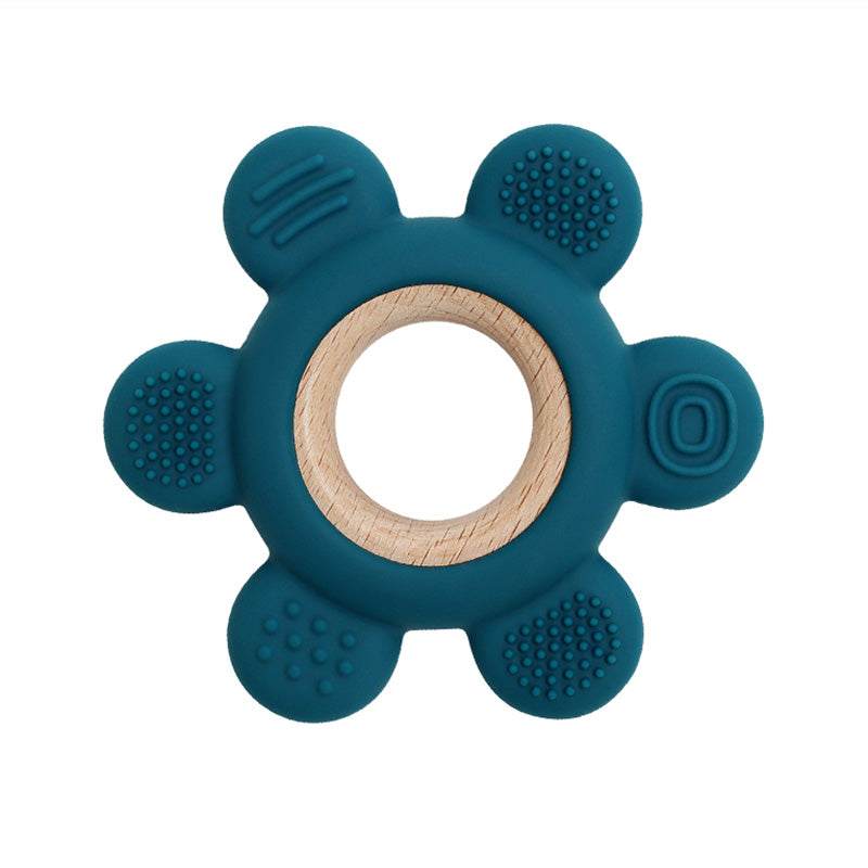 Wooden Flower Teether in Assorted Colours, Baby Teething Toys Silicone Teethers BPA Free Silicone Rudder with Wooden Ring Soothe Babies Gums