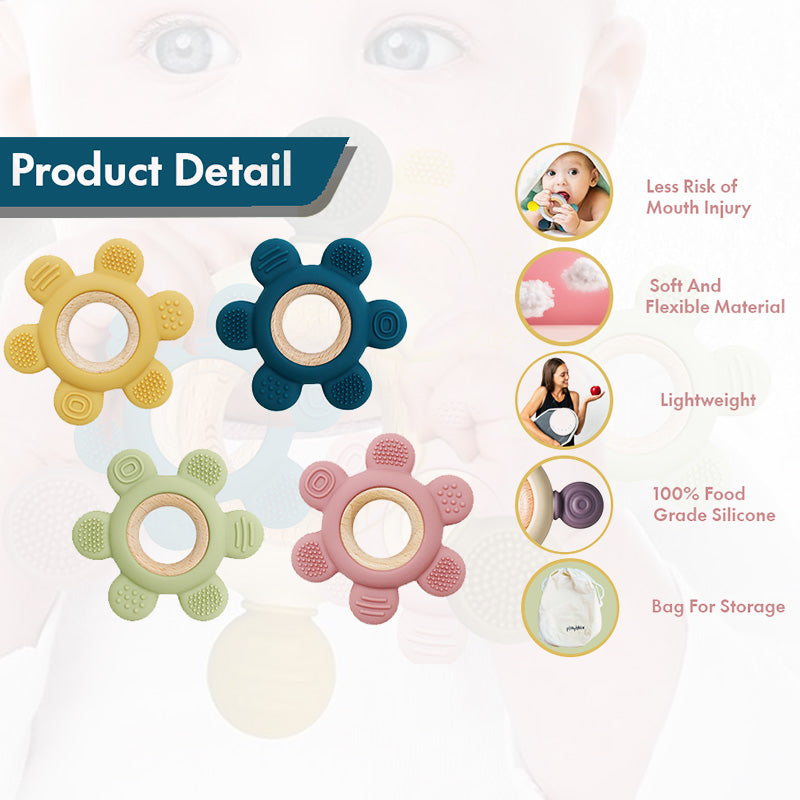 Wooden Flower Teether in Assorted Colours, Baby Teething Toys Silicone Teethers BPA Free Silicone Rudder with Wooden Ring Soothe Babies Gums