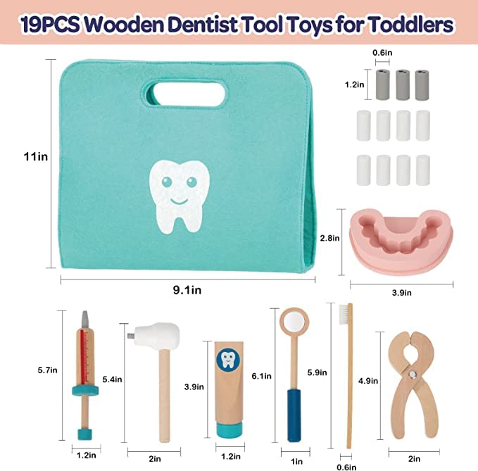 Wooden Tiny Teeth Doctor Kit Dentist Toys for Kids | Pretend Play Toys Medical Kit |17 PCS Dentist Game Toys for Boys & Girls Age 1 Year+