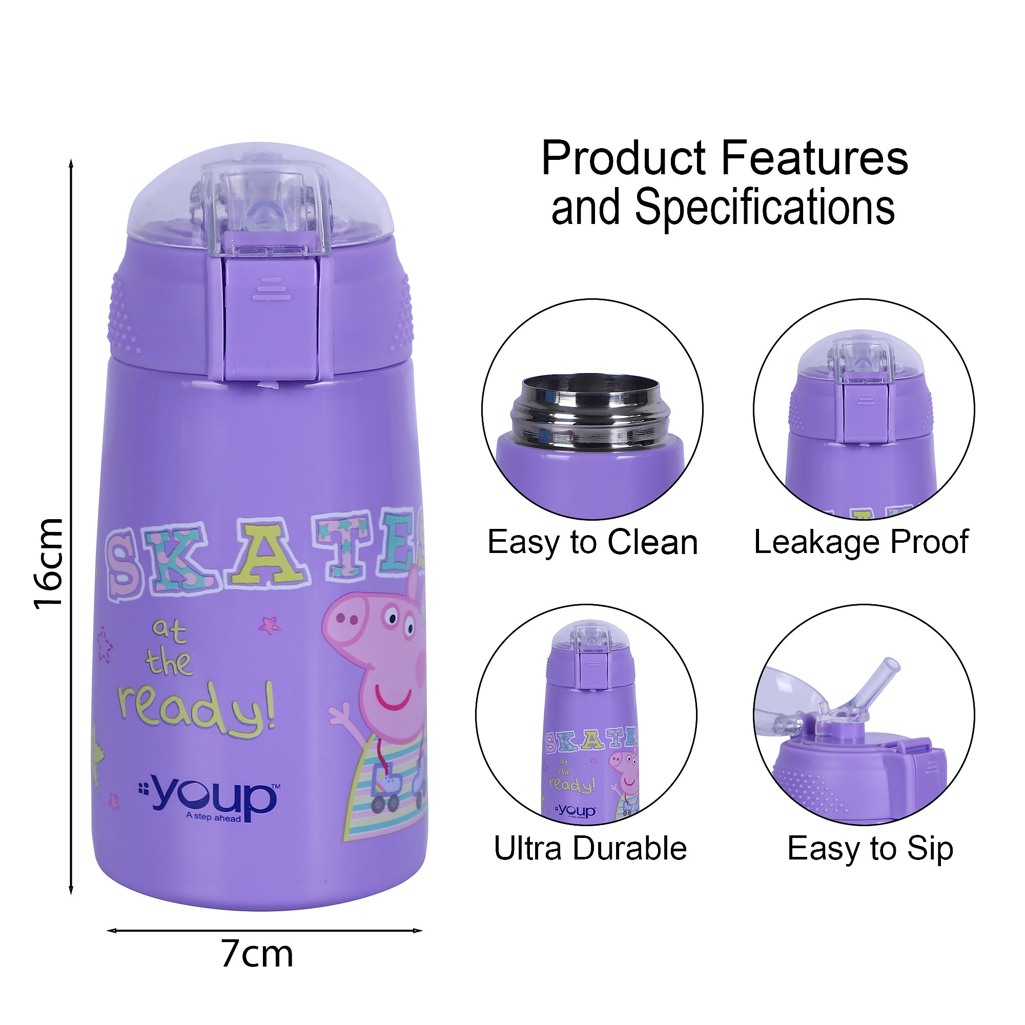 Stainless Steel Peppa Pig Theme Kids Insulated Double Wall Sipper Bottle Zesty- 300 Ml